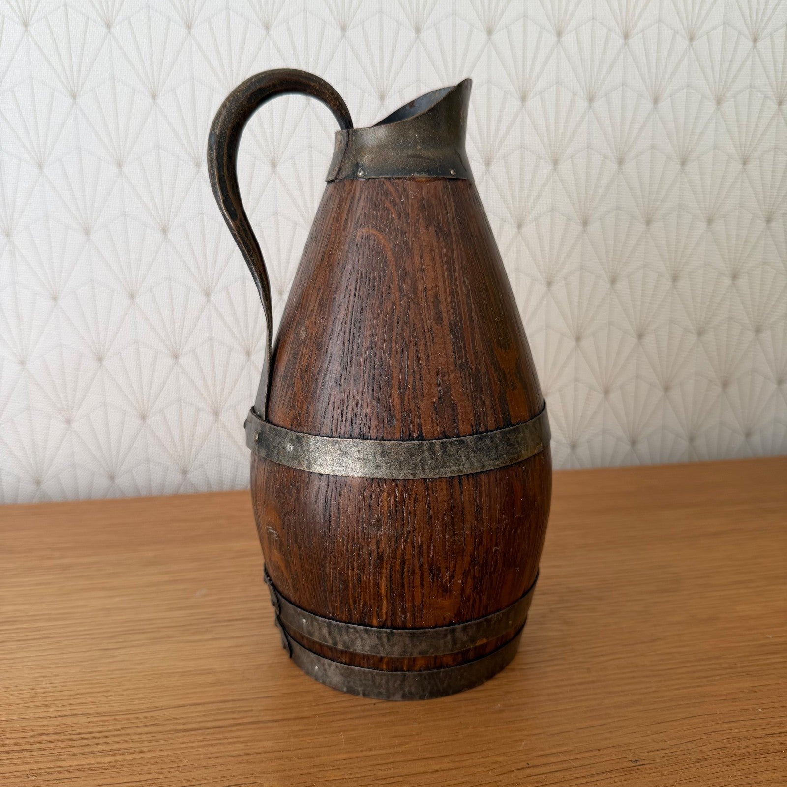 Antique French Wooden Wine Pitcher Metal Banded Staved Construction 0405262 Fleamarketfrance