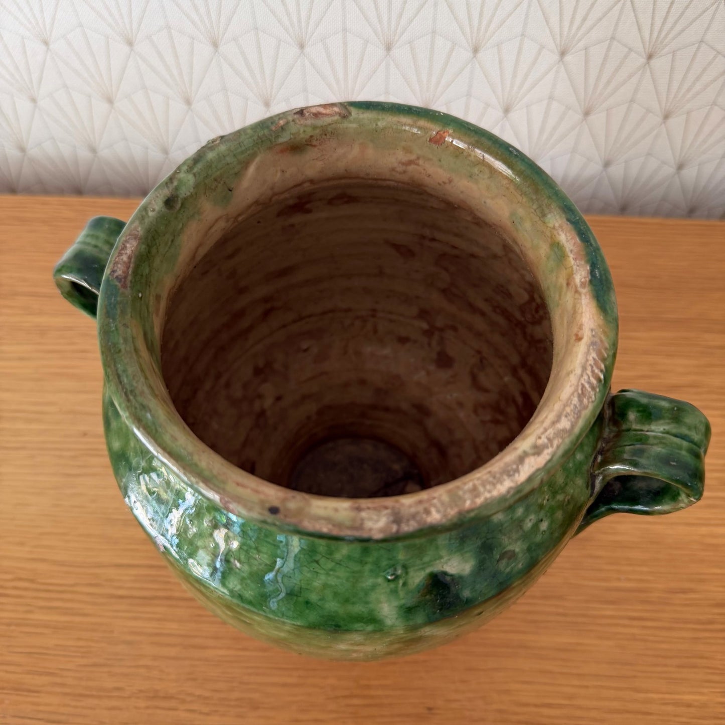 Antique French Confit Pot Green Glazed Terra Cotta 2-Handle 1908268 Unmarked