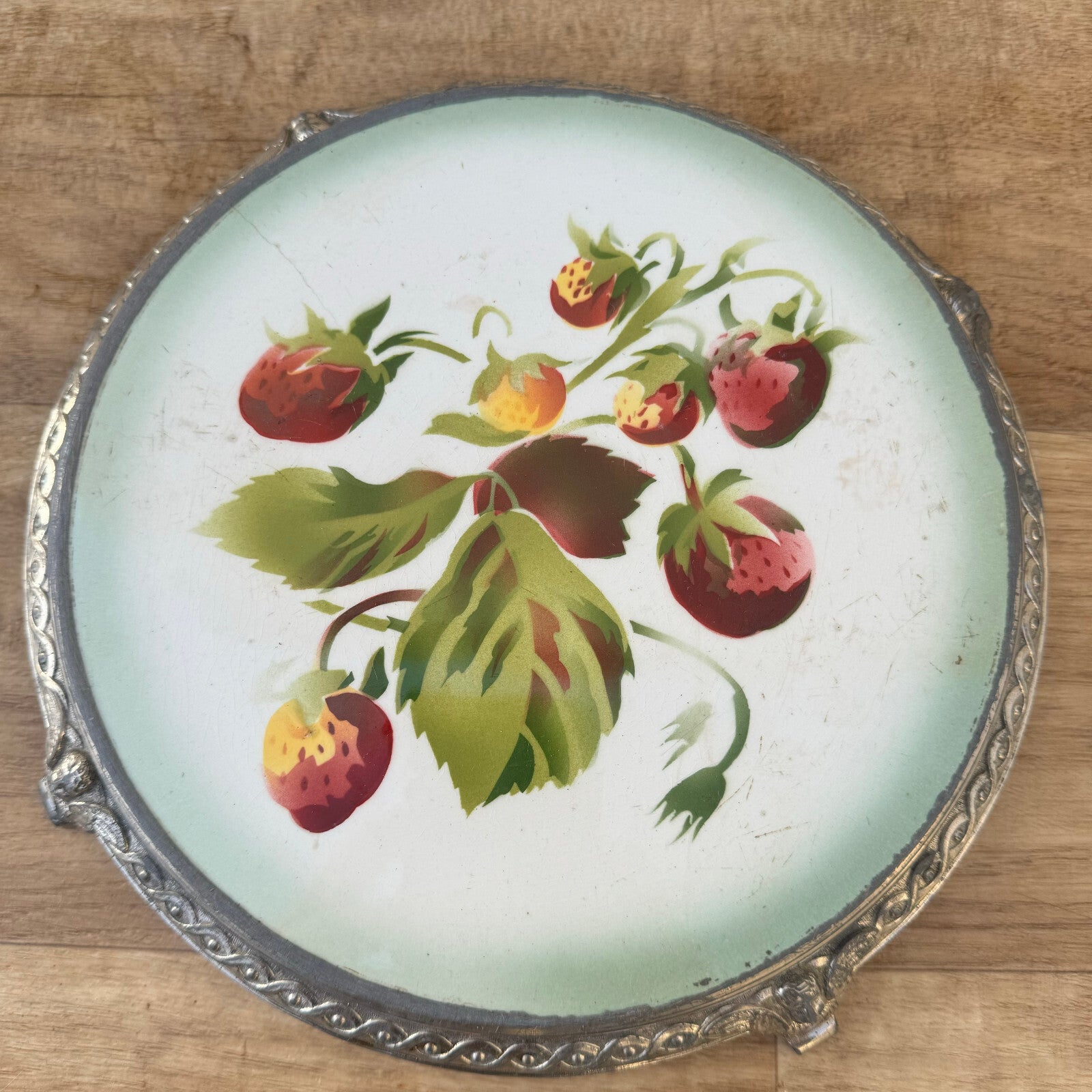 French Vintage Trivet Porcelain Strawberry Metal Stand 1930s 06022414 Unbranded