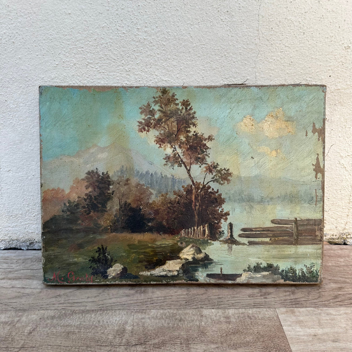 French Landscape Painting Oil Canvas Lake Mountain Signed c1950 24072315 Fleamarketfrance