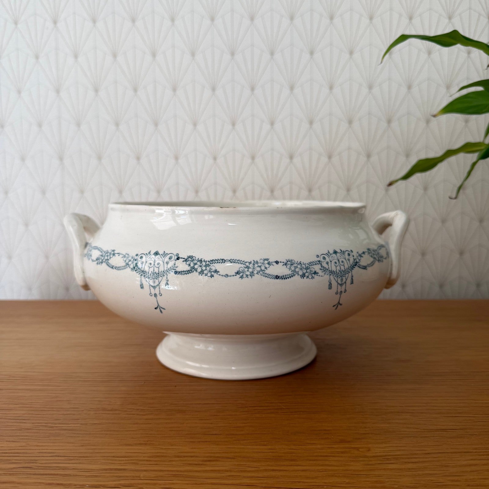 French Tureen Earthenware White Blue Fruits Bowl Terre De Fer GIVORS 2409254 Fleamarketfrance : French vintage and antique decor