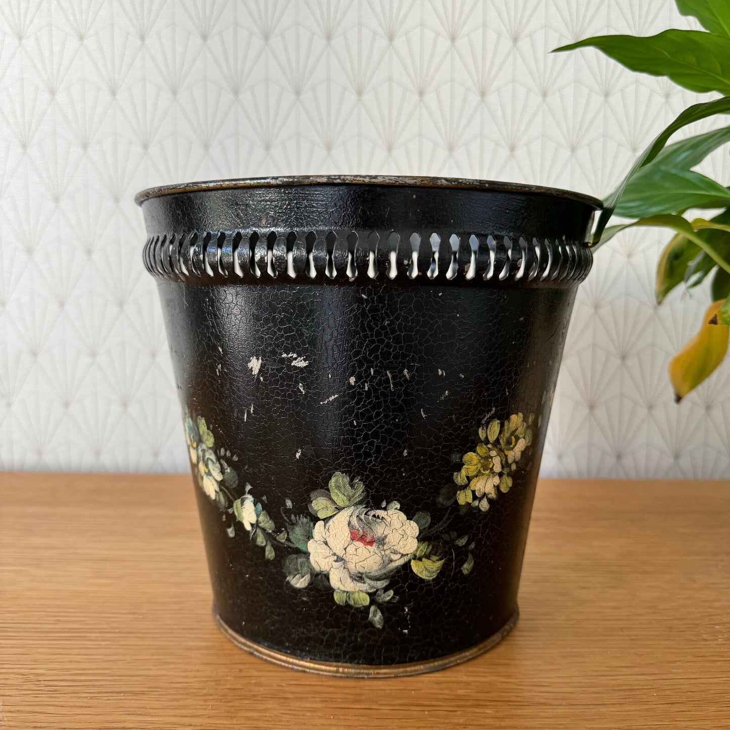 Antique French Tole Basket Victorian Painted Flowers Black Metal 15062420 Fleamarketfrance
