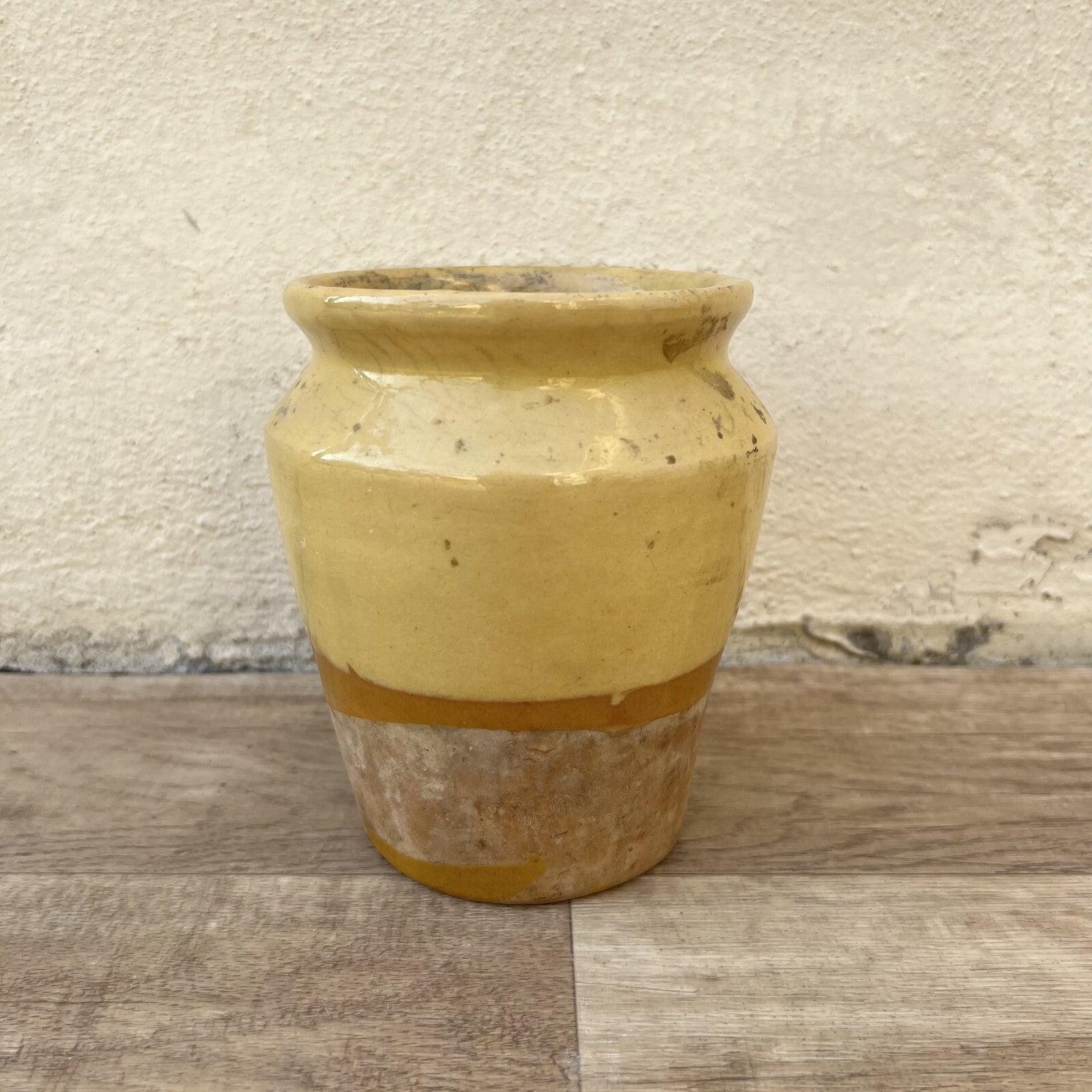 HANDMADE GLAZED YELLOW ANTIQUE FRENCH MUSTARD POT 6" TERRACOTTA 0406251 Unmarked