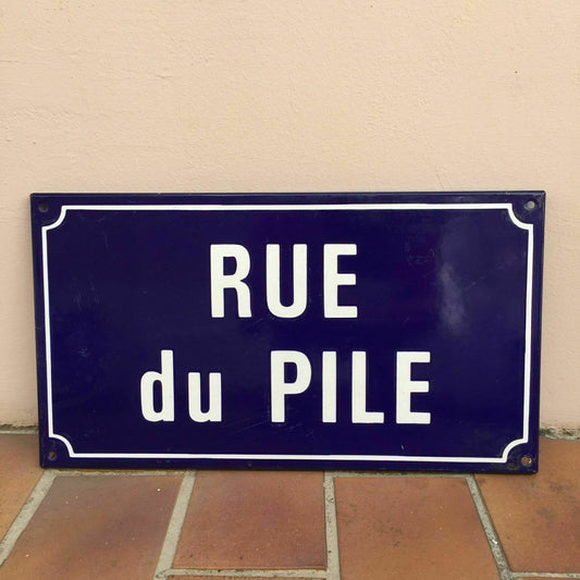 Vintage French Enamel Street Sign RUE du PILE Blue White Metal Plaque Fleamarketfrance