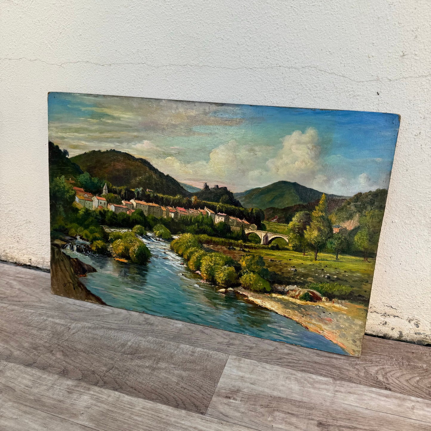 French Oil Painting Ardeche Landscape Signed Wood Panel Vintage 0706249 Fleamarketfrance