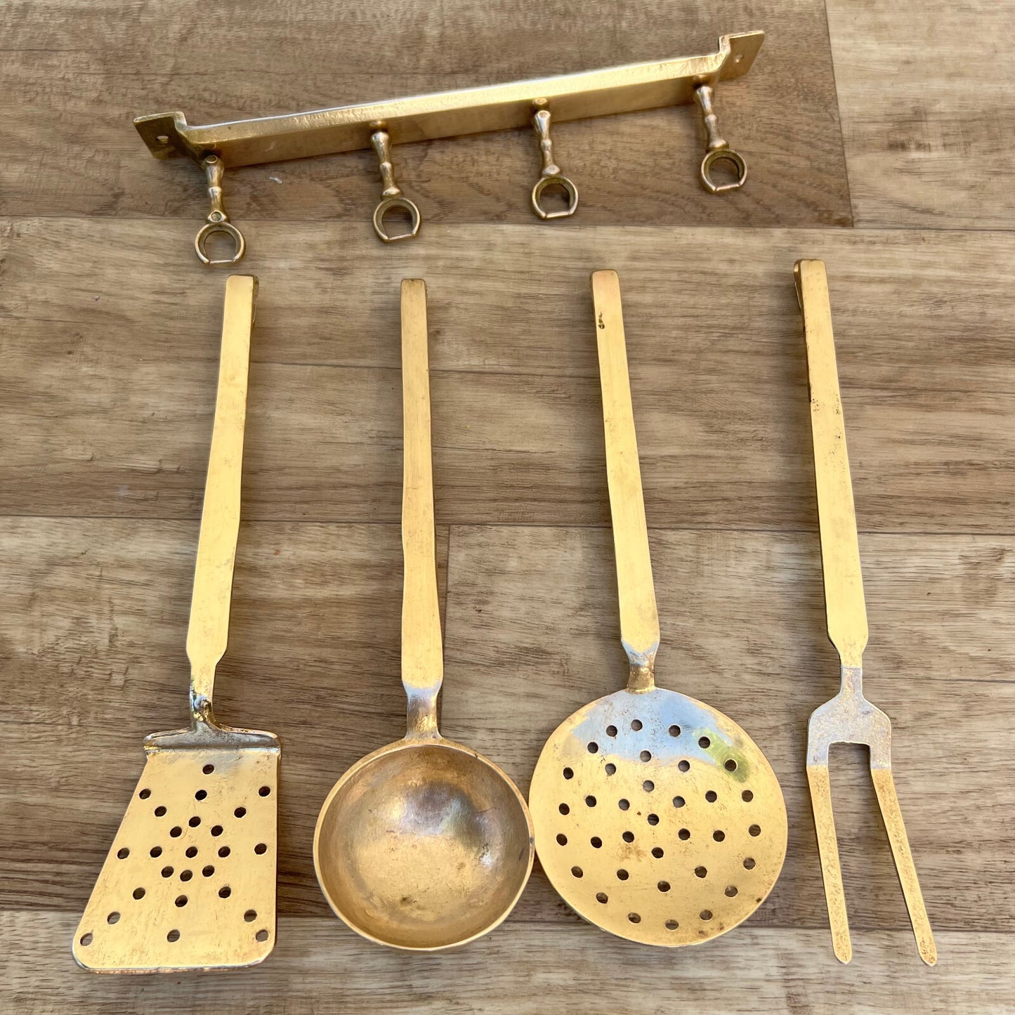 Vintage French Brass Kitchen Utensils Set 4 Pieces Hanging Bar 2307227 Unbranded