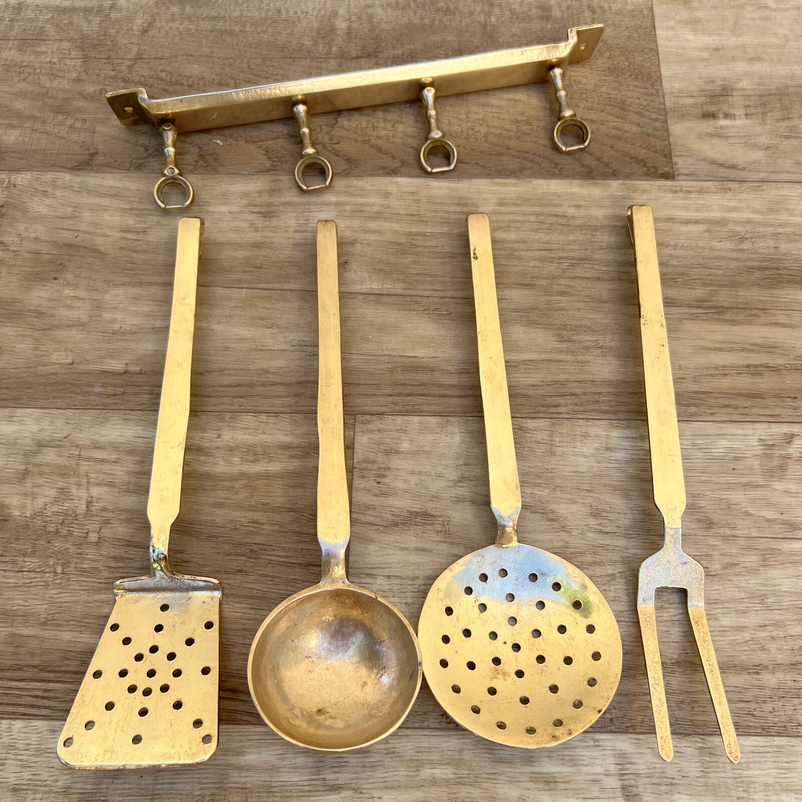 Vintage French Brass Kitchen Utensils Set 4 Pieces Hanging Bar 2307227 Unbranded