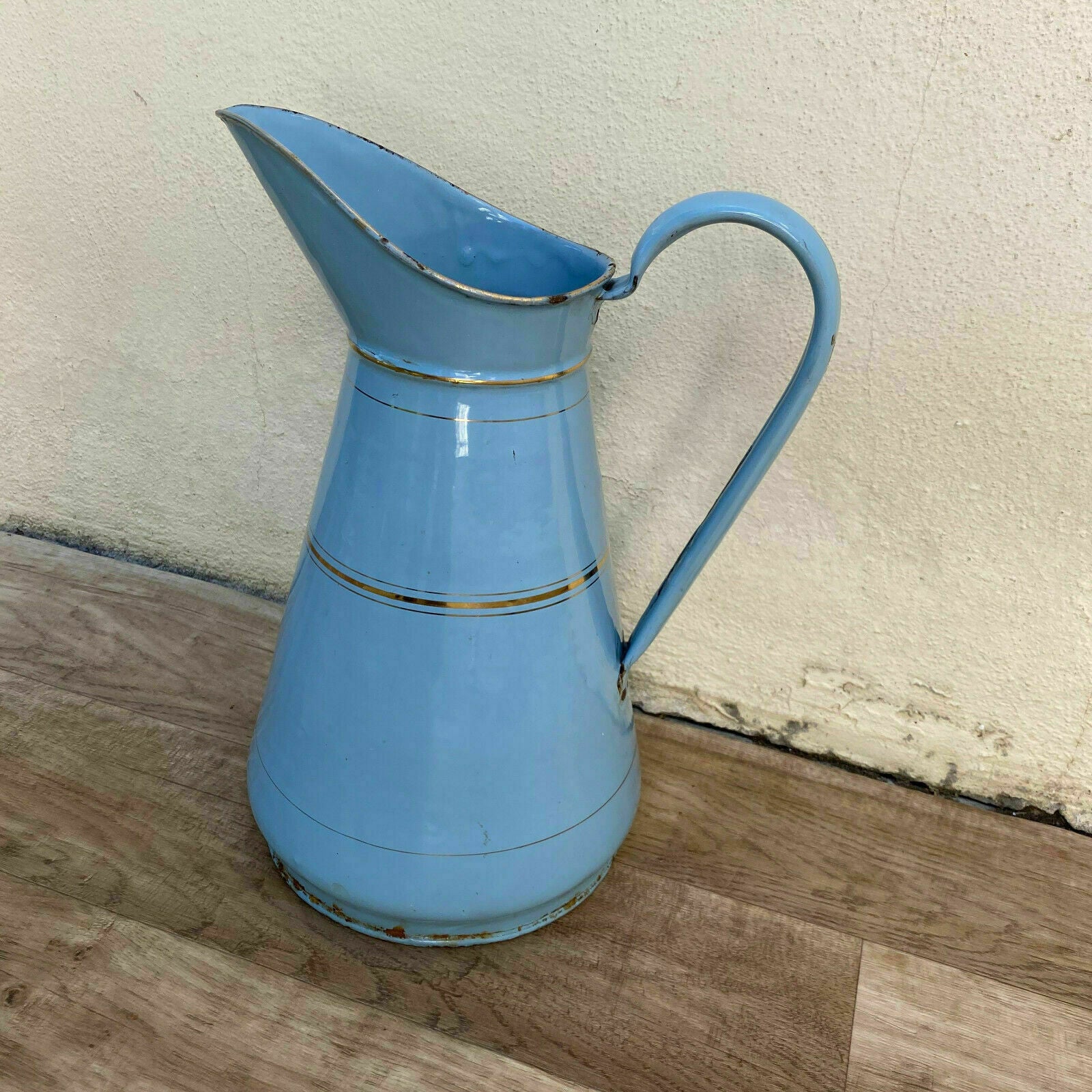 Vintage French Enamel pitcher jug water enameled blue and gold 0707204 - Fleamarketfrance