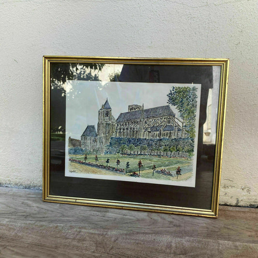 Vintage French Cathedral Watercolor Painting Signed Church Art 31102120 Fleamarketfrance