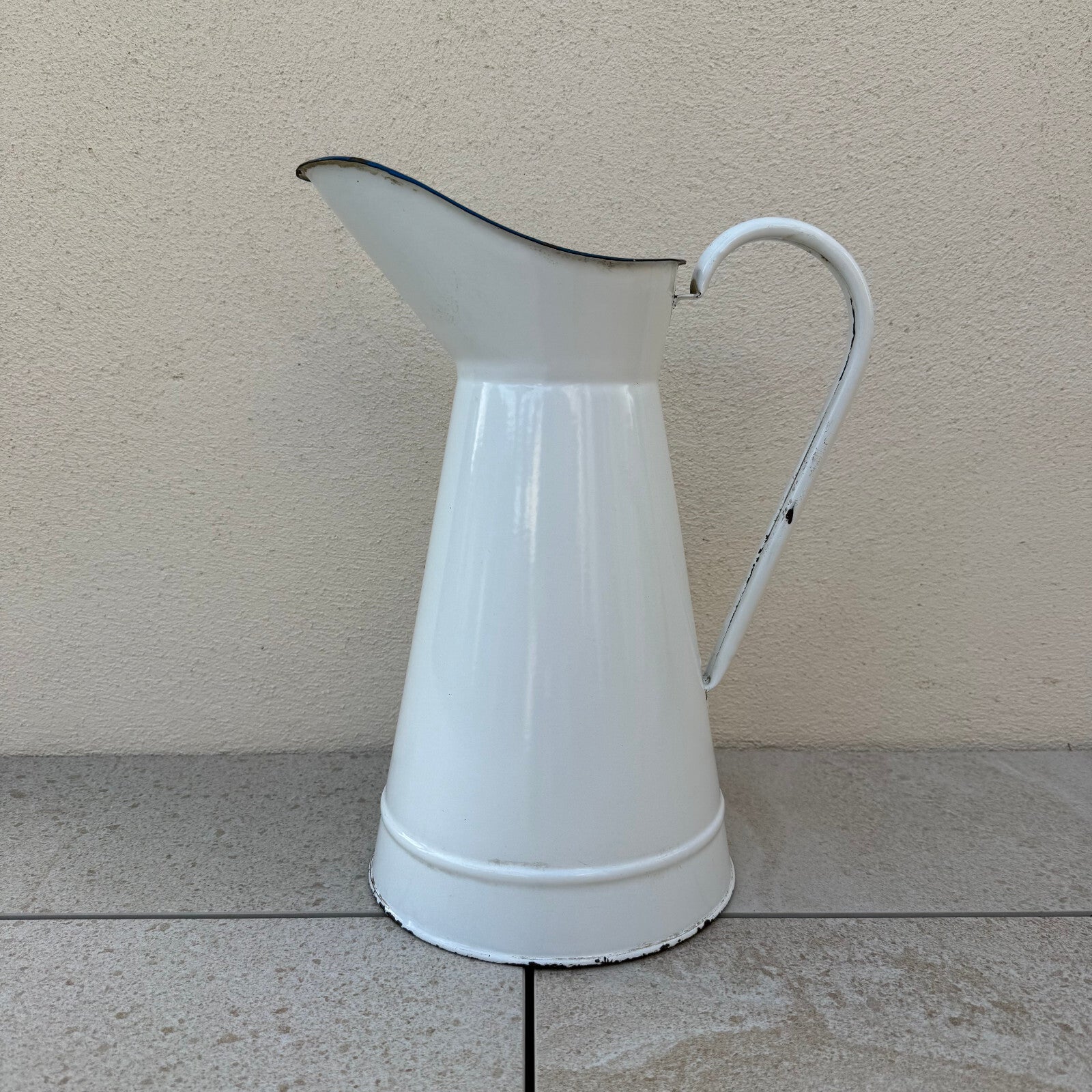 French Enamelware Pitcher White Blue Rim Vintage Water Jug 37cm 2205259 Fleamarketfrance