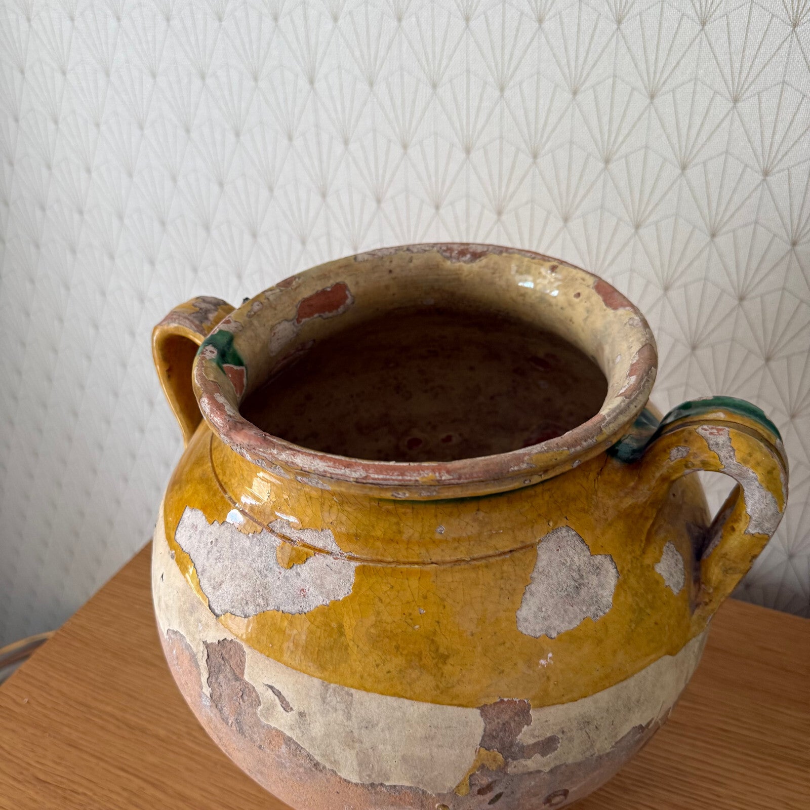 French Confit Pot Antique Terracotta Yellow Green Large Glazed 2302256 Unmarked
