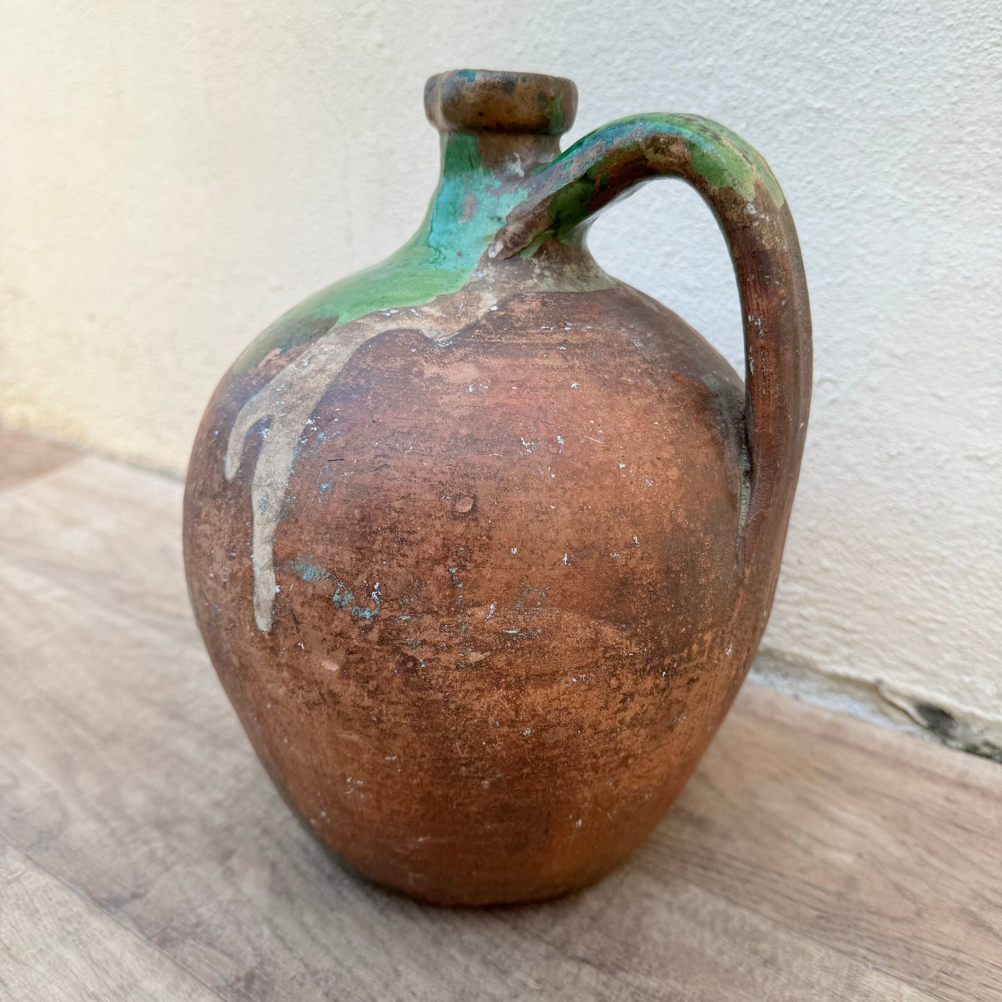 French Pottery Jug Vintage Terracotta Pitcher Green Glaze Country 2604241 Unmarked