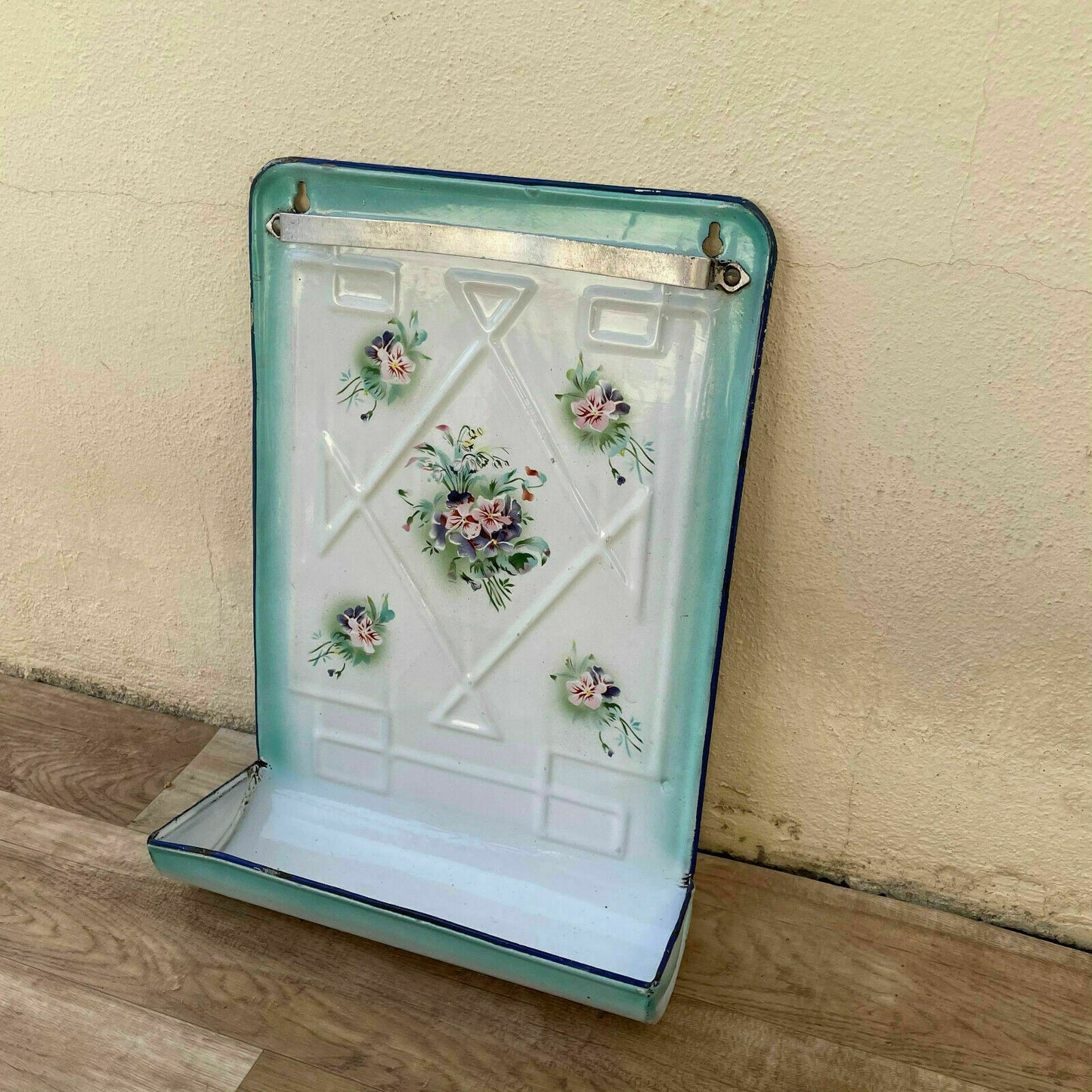 Vintage French Enamel Wall Holder Teal Floral Kitchen Utensil Rack 18042121 Fleamarketfrance