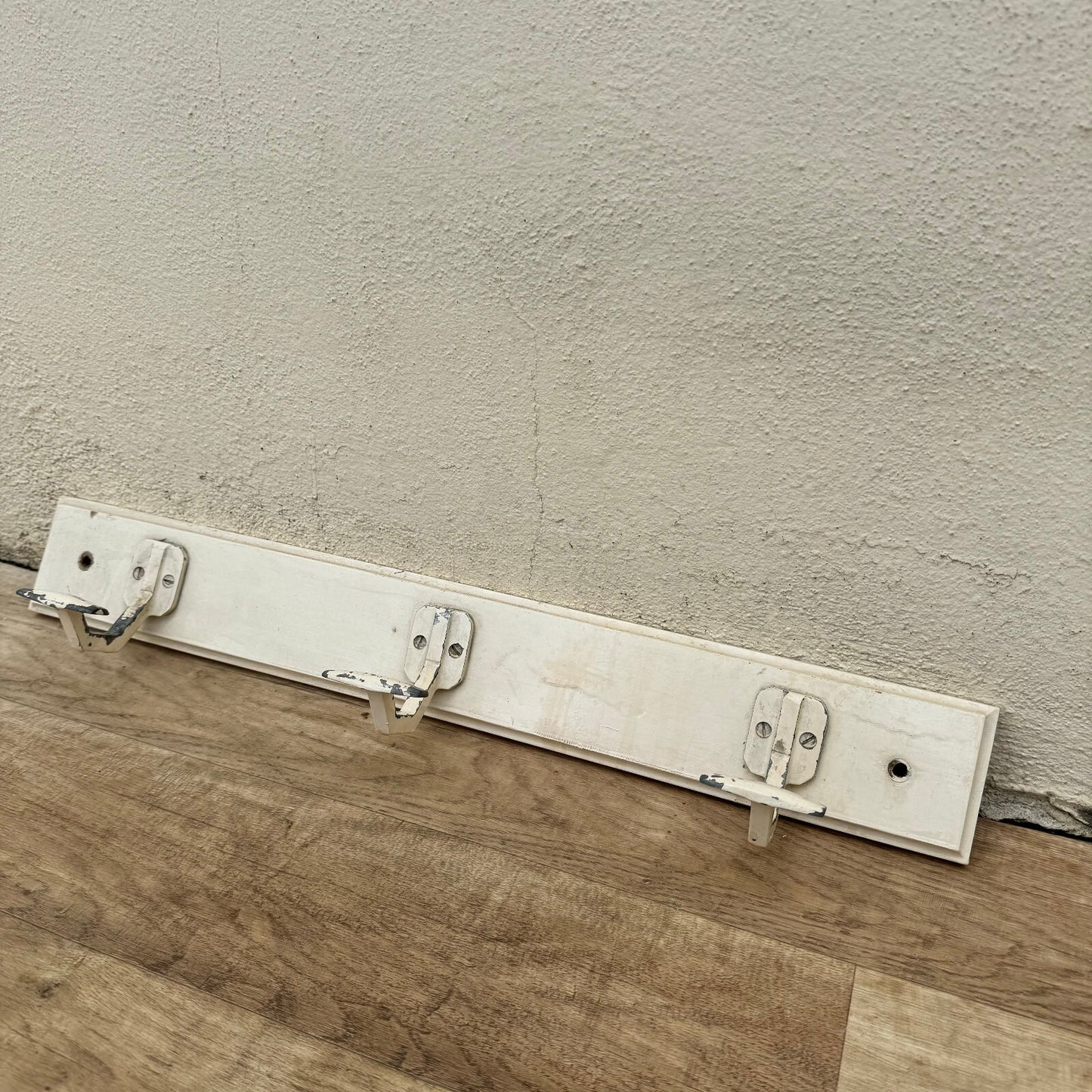 Vintage French Wall Coat Rack 3 Metal Hooks White Wood Base 1930s 0605244 Unbranded