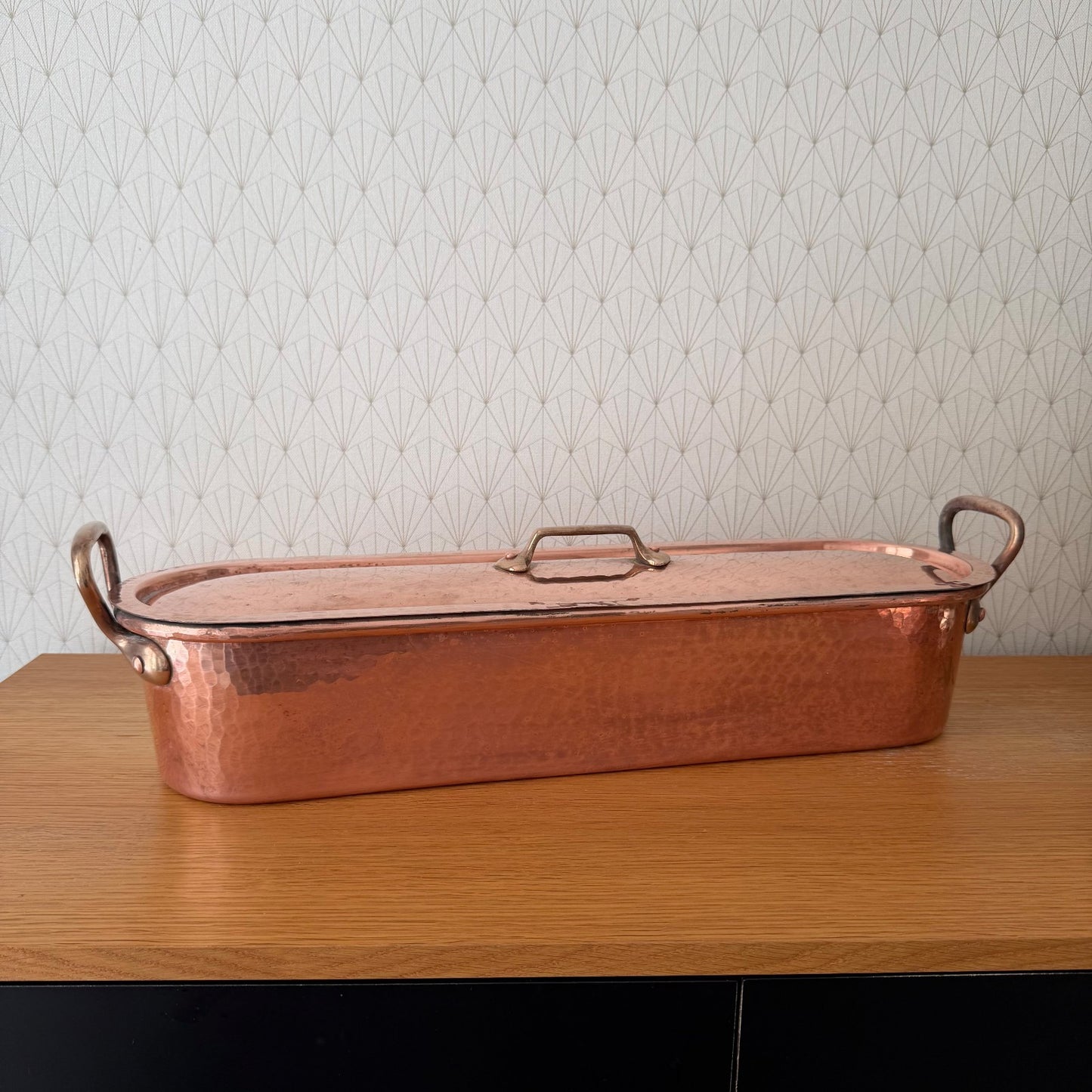 Vintage French copper fish kettle with brass loop handles and fitted lid