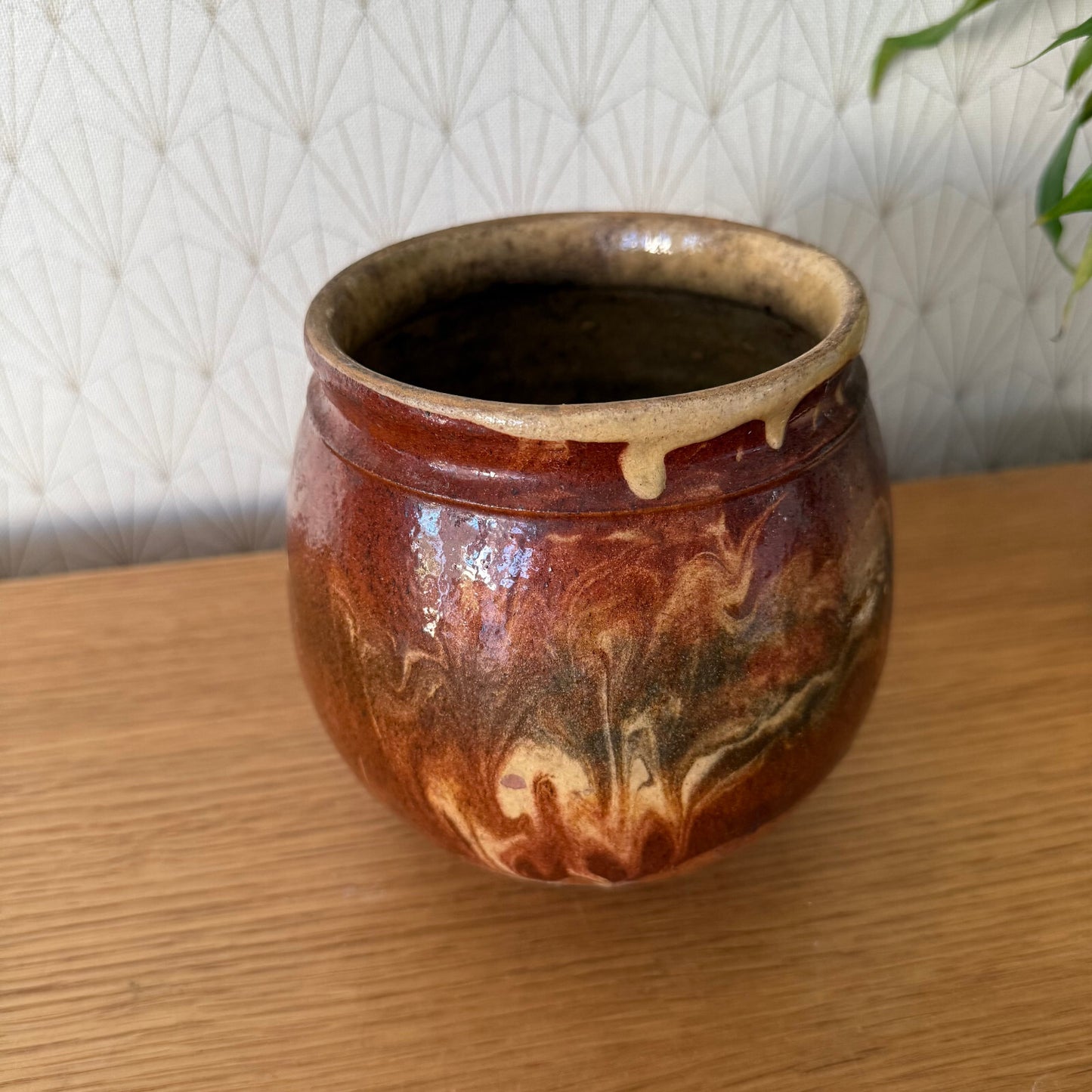 HANDMADE GLAZED RED YELLOW ANTIQUE FRENCH HONEY POT TERRACOTTA 1904258