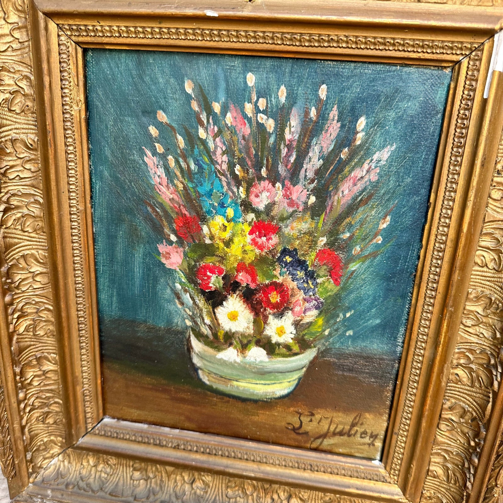 French Vintage Floral Still Life Oil Painting Signed L Julien Frame 01112329 Fleamarketfrance