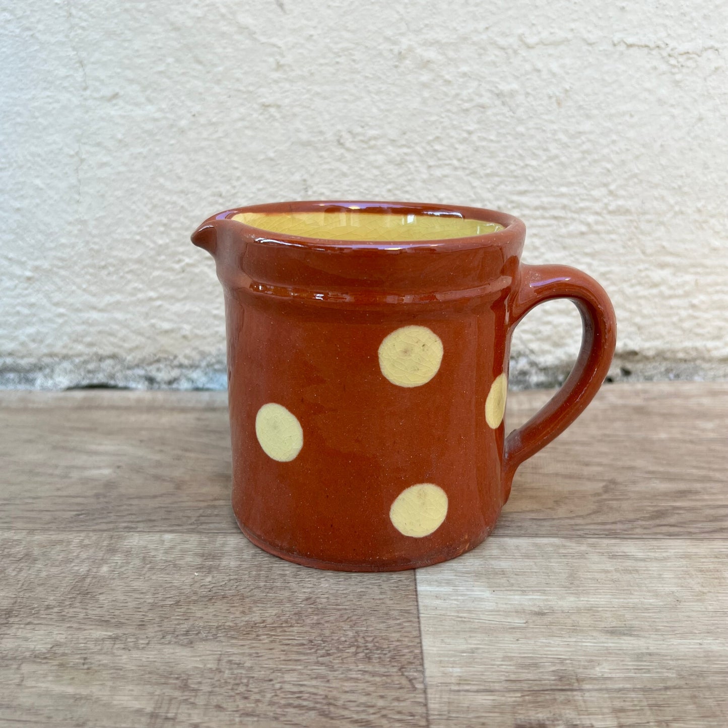 French Terracotta Pitcher Yellow Polka Dot Savoie Milk Cream Jug 06102210 Unmarked