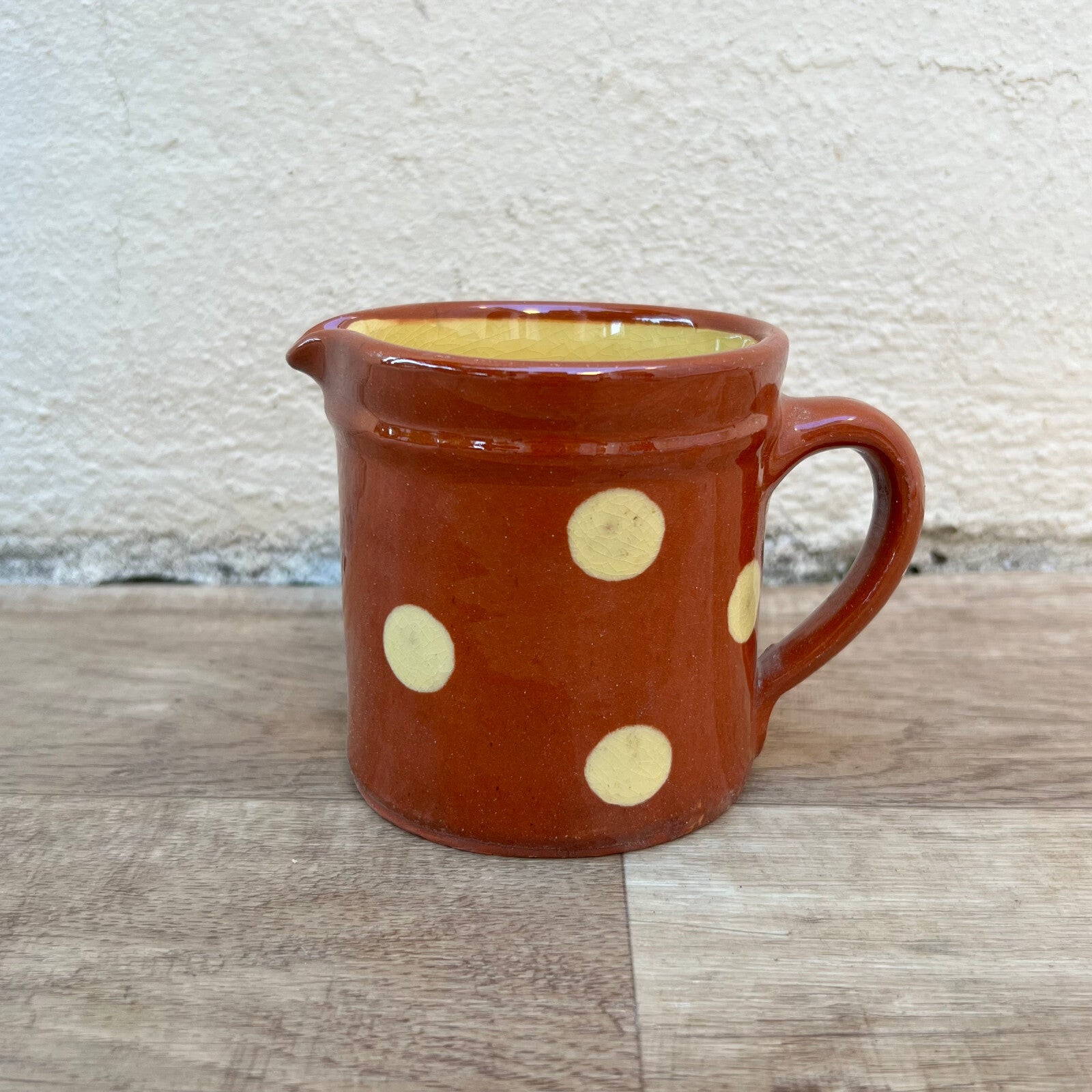 French Terracotta Pitcher Yellow Polka Dot Savoie Milk Cream Jug 06102210 Unmarked