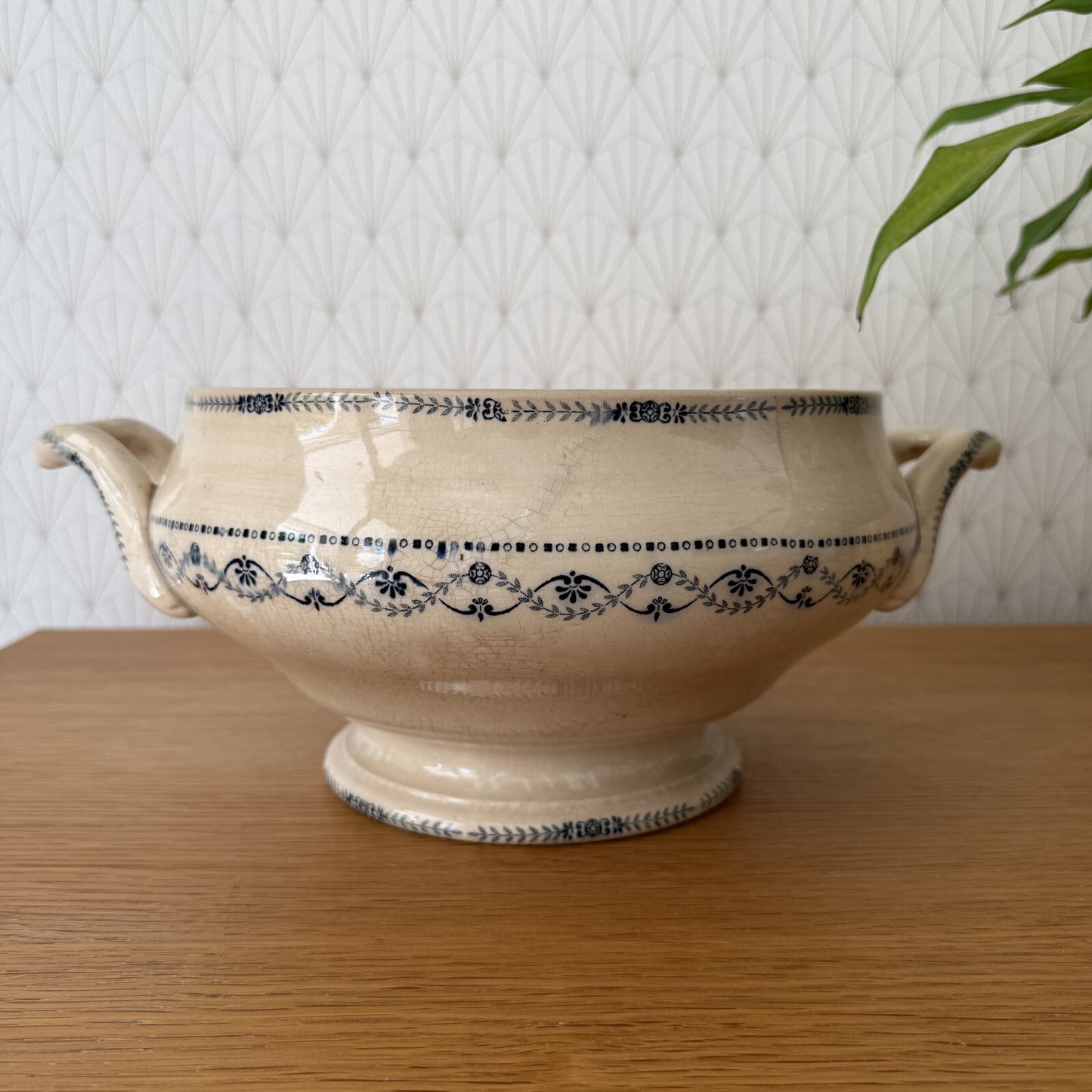 French Vintage Tureen  Earthenware Flowers Fruits Blue Bowl 1906253