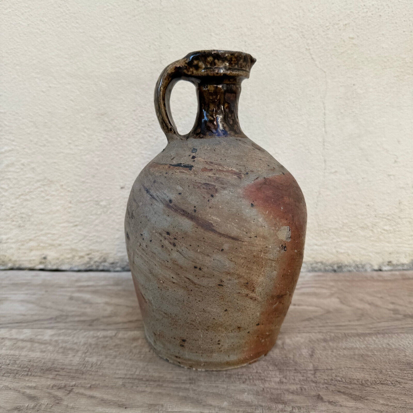 HANDMADE GLAZED BEIGE ANTIQUE FRENCH STONEWARE JUG PITCHER 0410231 - Fleamarketfrance