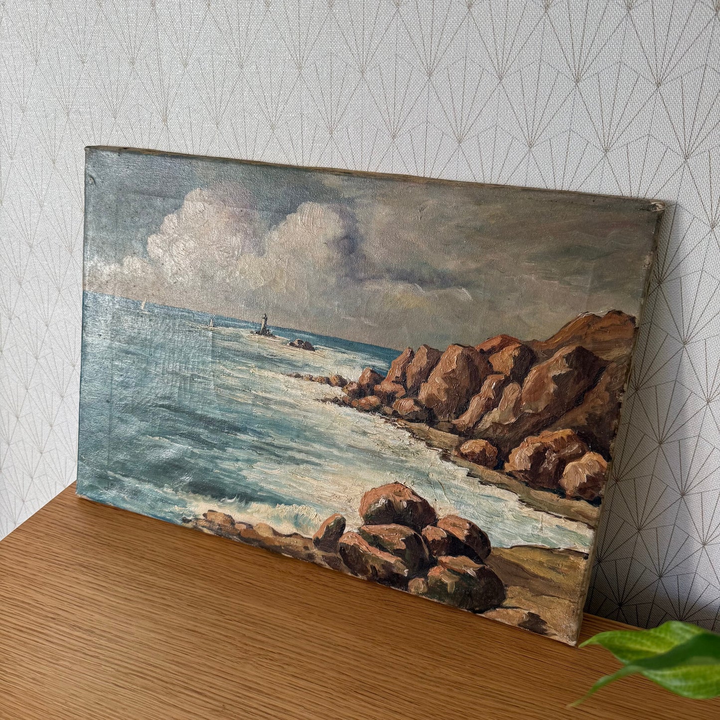 French Coastal Seascape Oil Painting Rocky Shore Lighthouse Vintage 1904256 Does Not Apply