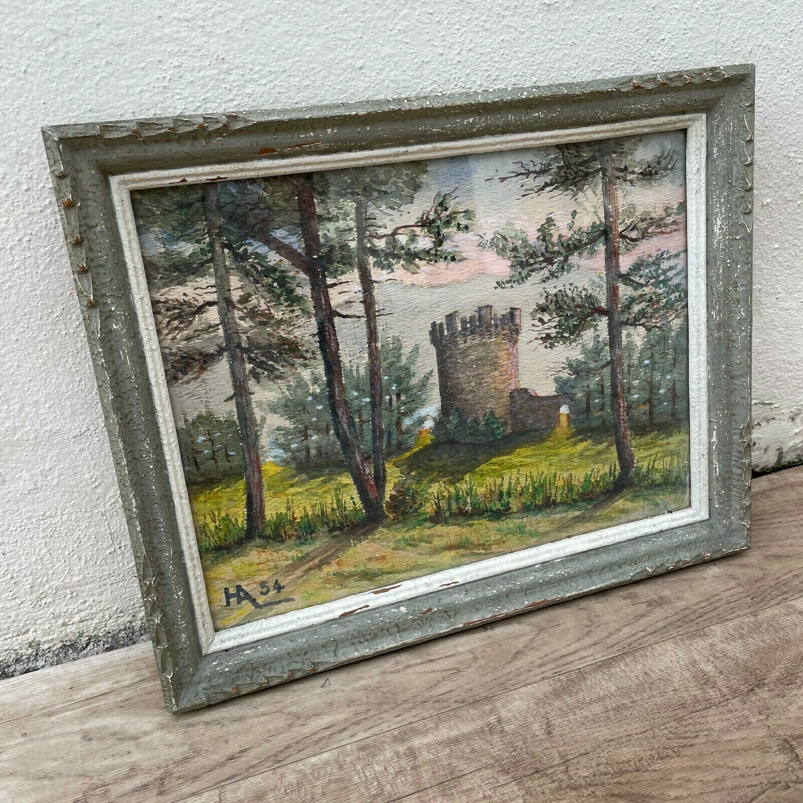 Vintage French Watercolor Castle Landscape Painting Signed HA54 15022120 Does Not Apply