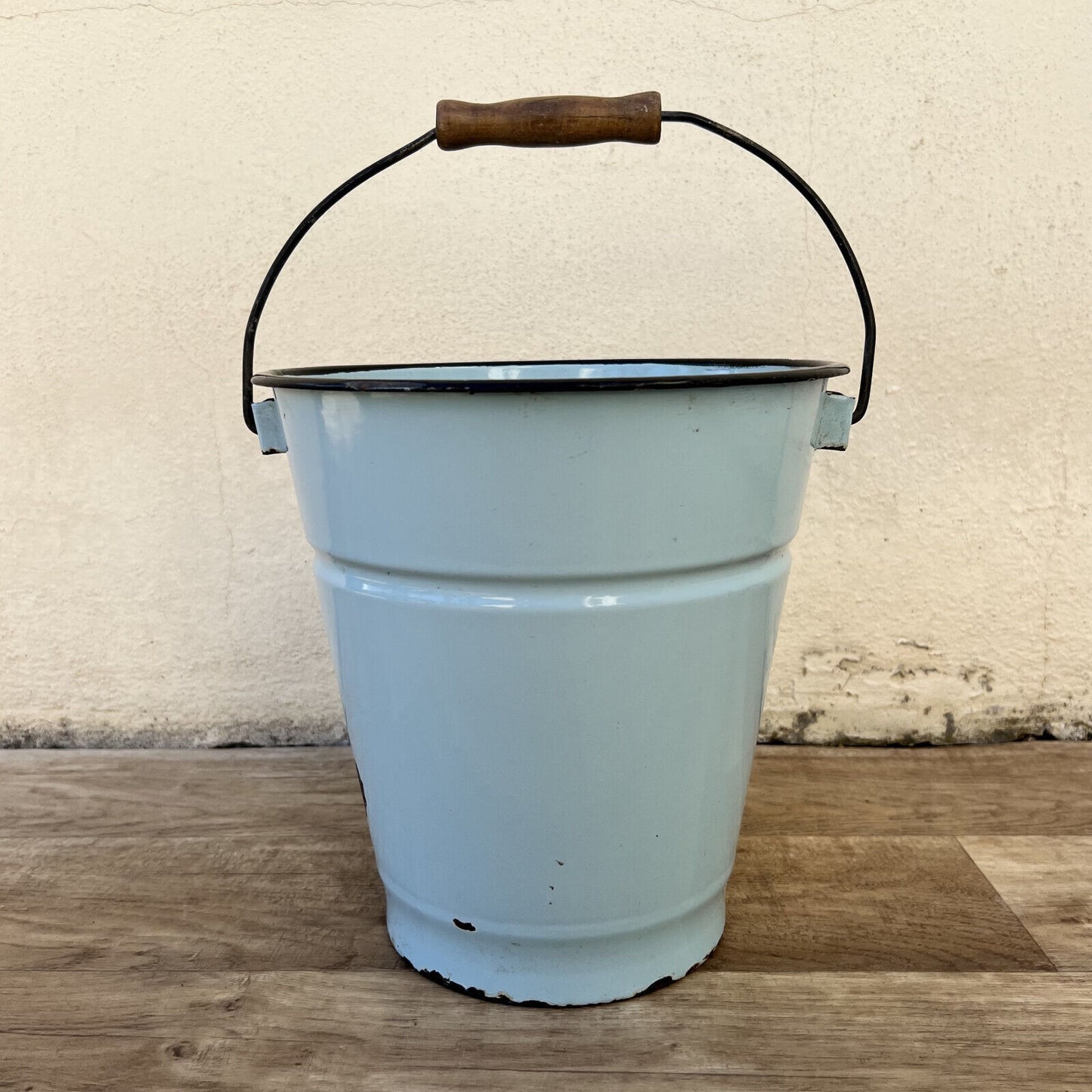 French Enamel Bucket Blue Water Pail Wooden Handle Vintage 17072210 Fleamarketfrance