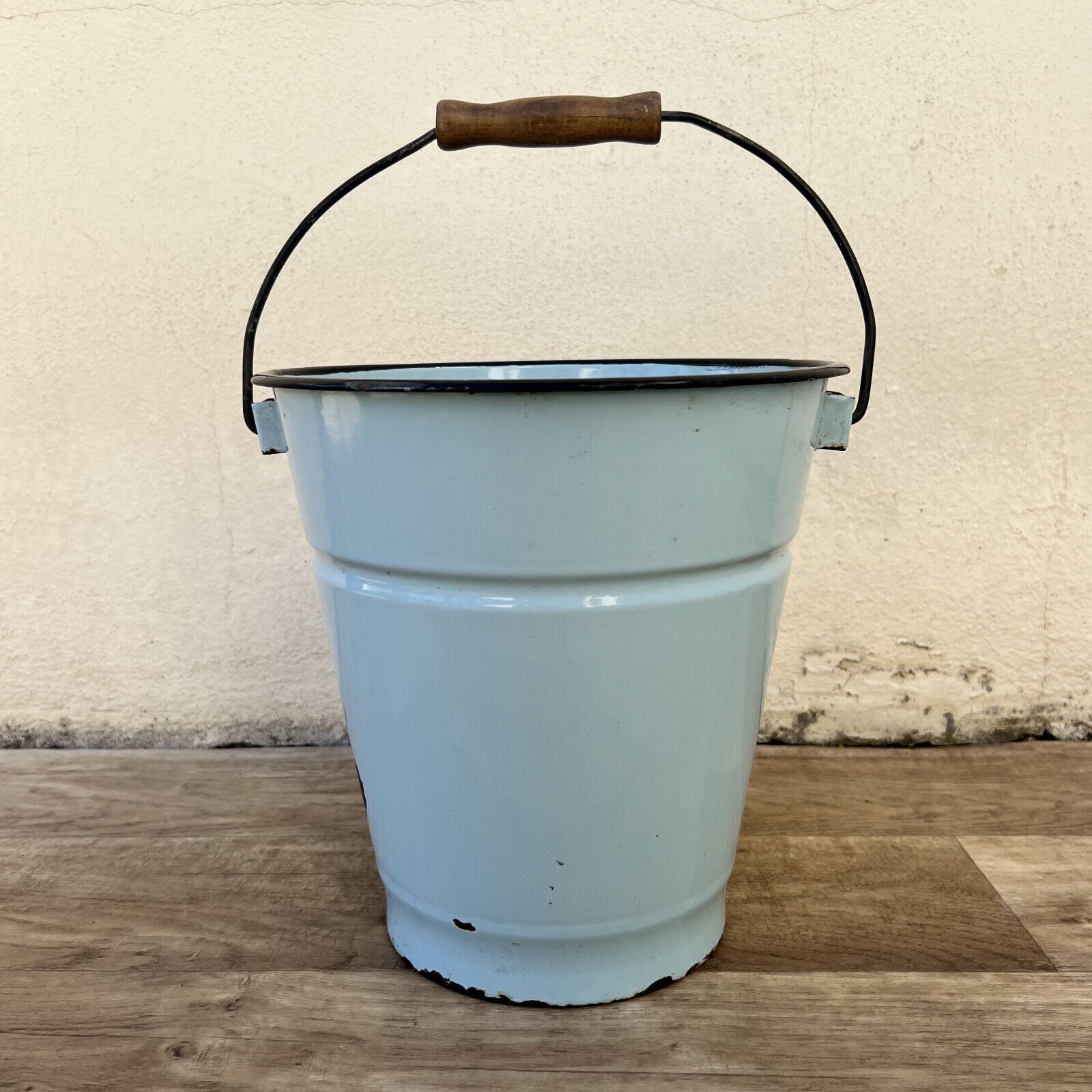 French Enamel Bucket Blue Water Pail Wooden Handle Vintage 17072210 Fleamarketfrance