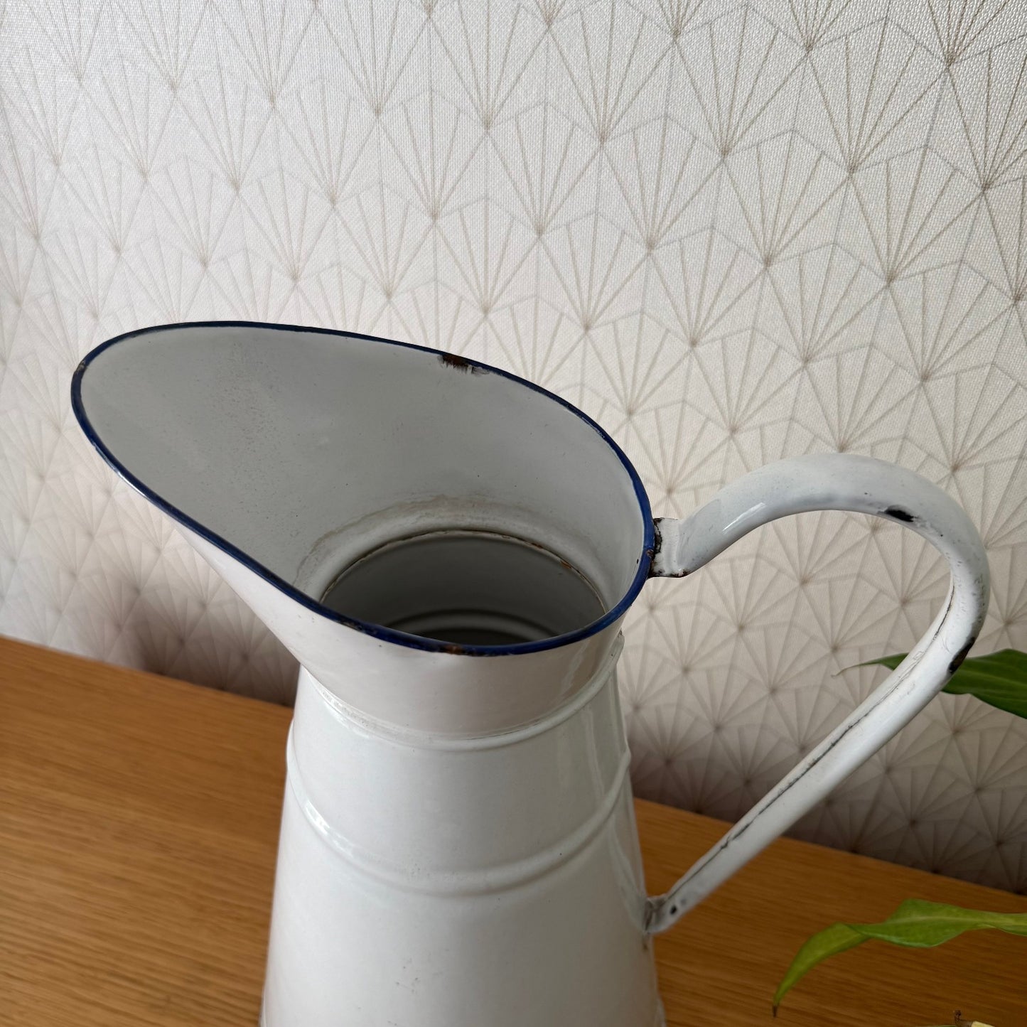 Antique French Enamel Pitcher White Blue Trim Water Jug Farmhouse 08072513 Fleamarketfrance