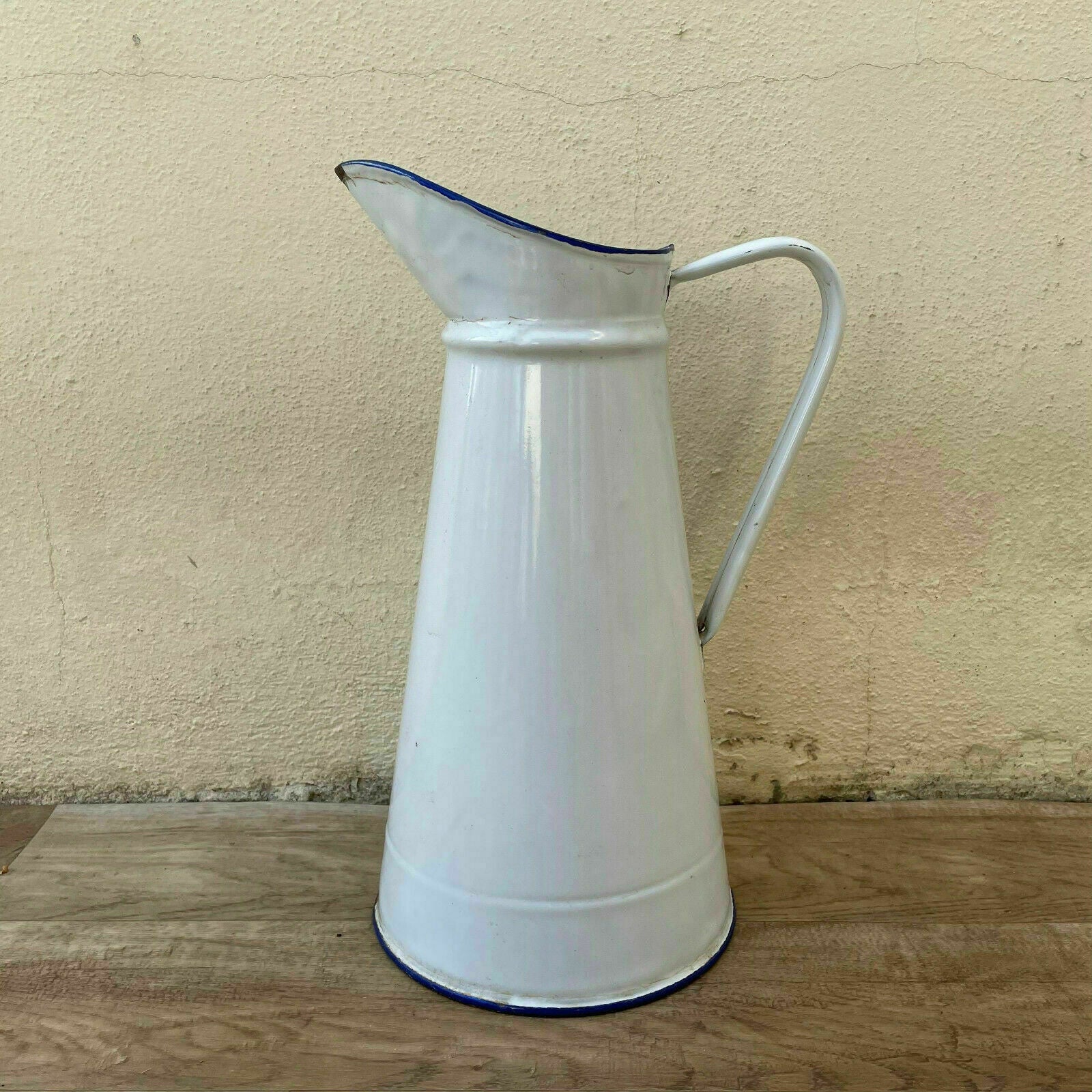 Vintage French Enamel Pitcher White Blue Rim Water Jug Farmhouse 18042125 Fleamarketfrance