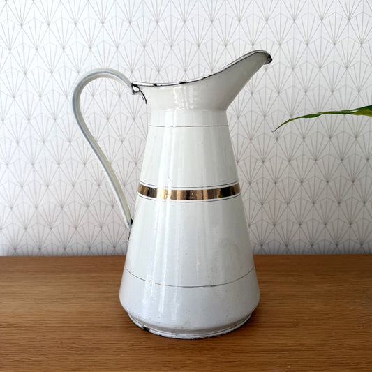 Vintage French Enamel Pitcher White Gold Band Water Jug Antique 1302265 Fleamarketfrance
