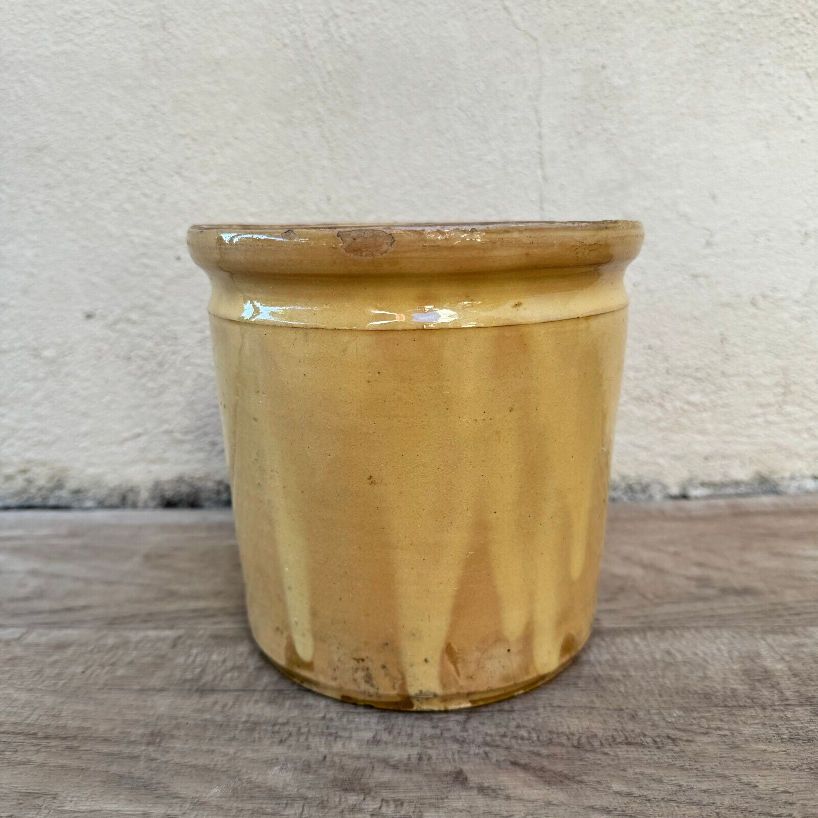 HANDMADE GLAZED YELLOW ANTIQUE FRENCH CONFIT POT TERRACOTTA 6" 0410234 - Fleamarketfrance