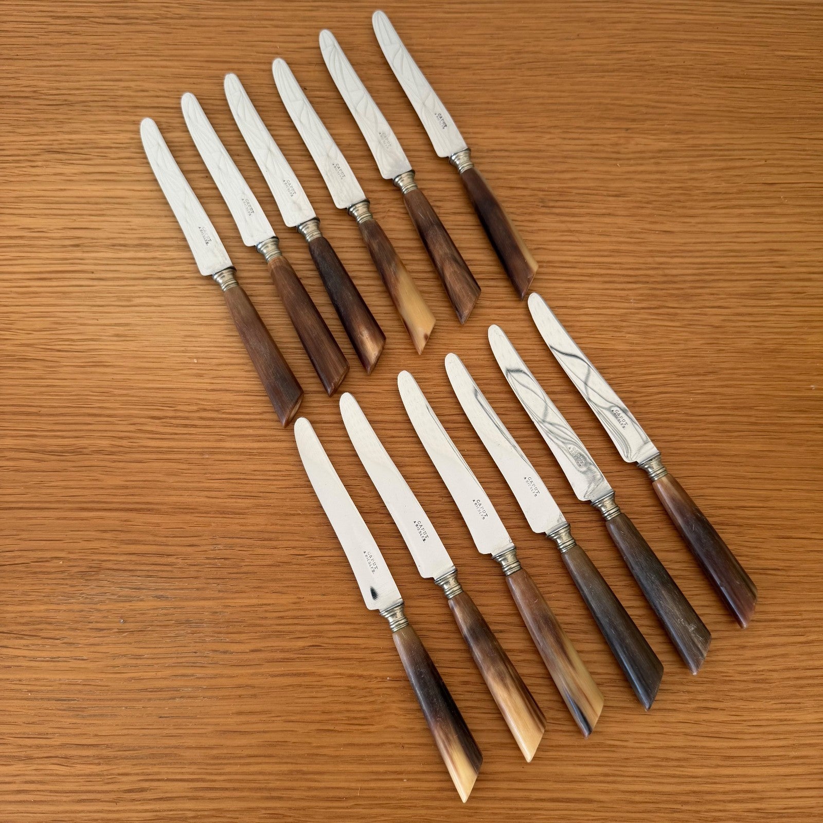 French Horn Handle Dinner Knives Silver Collar Set 12 Vintage 0302266 CAPUT A BIESLES
