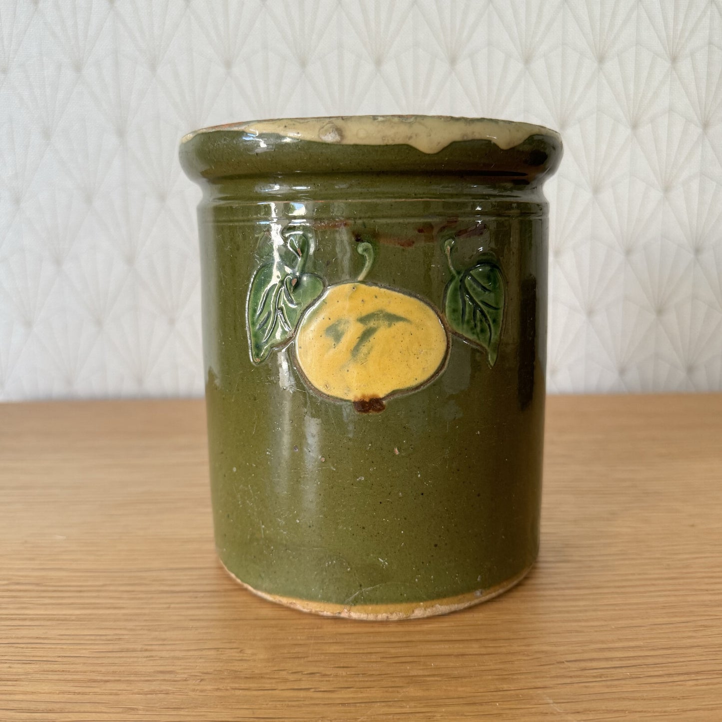 French Pottery Jam Jar Savoie Folk Art Green Glaze Antique 1906241 Unmarked