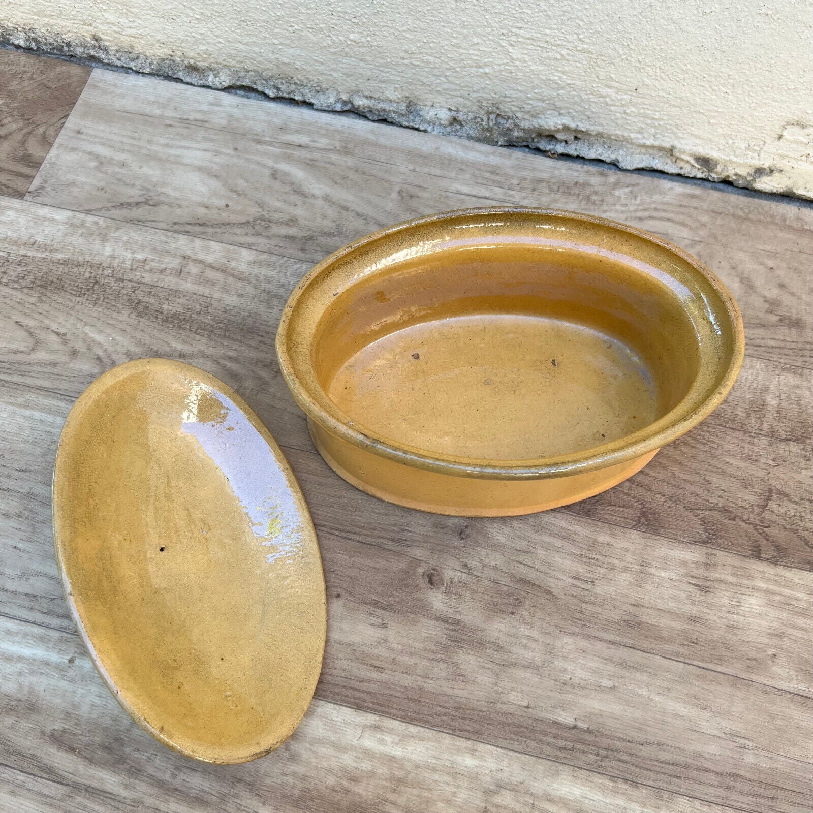 Vintage FRENCH yellow GLAZED LIDDED STONEWARE TERRINE 0509243 - Fleamarketfrance