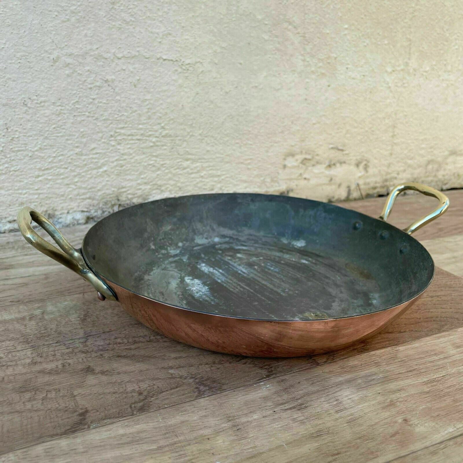 Vintage French round casserole/au Gratin pan lined copper 8 1/2" 04042121 - Fleamarketfrance