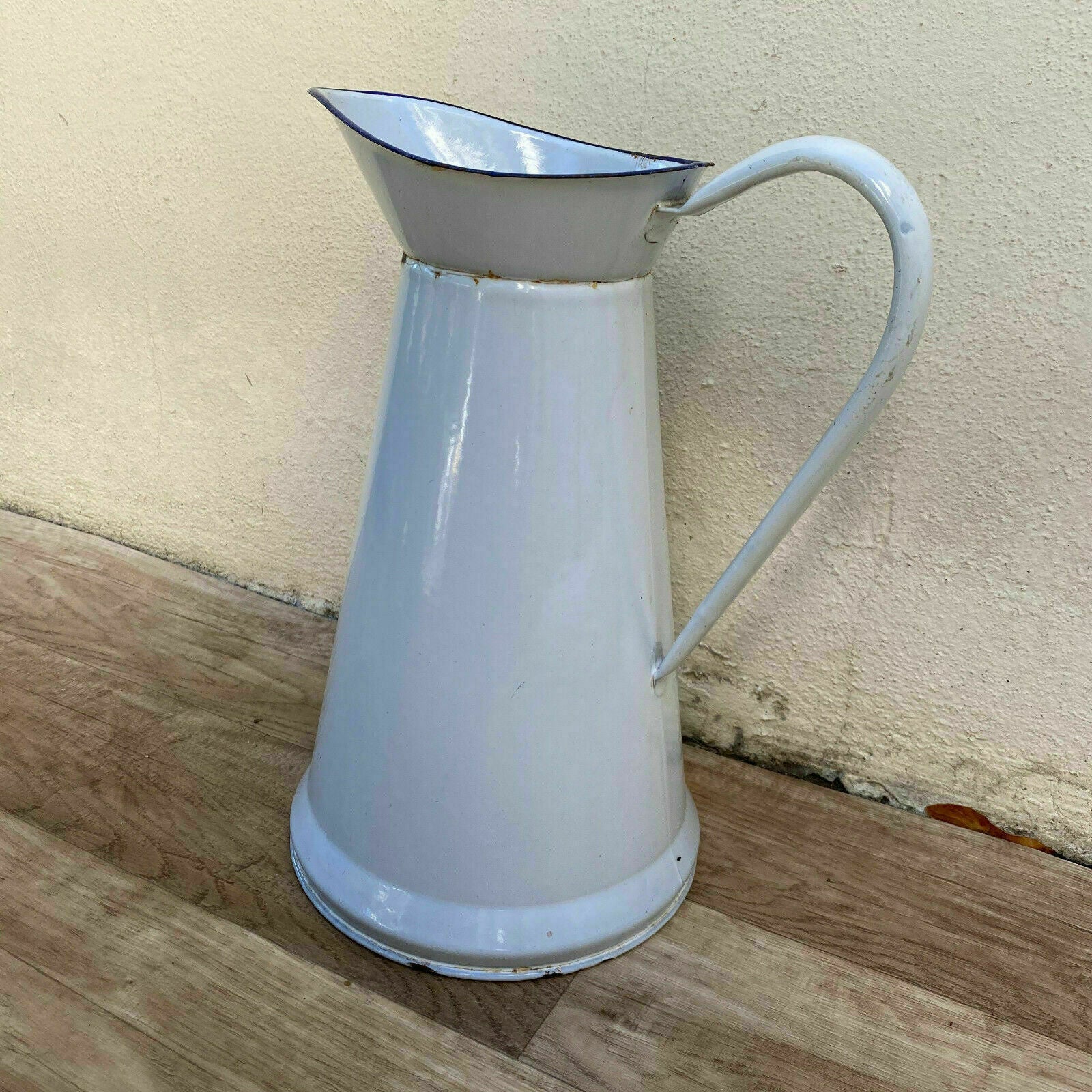 Vintage French Enamel pitcher jug water enameled white great condition 30012117 - Fleamarketfrance