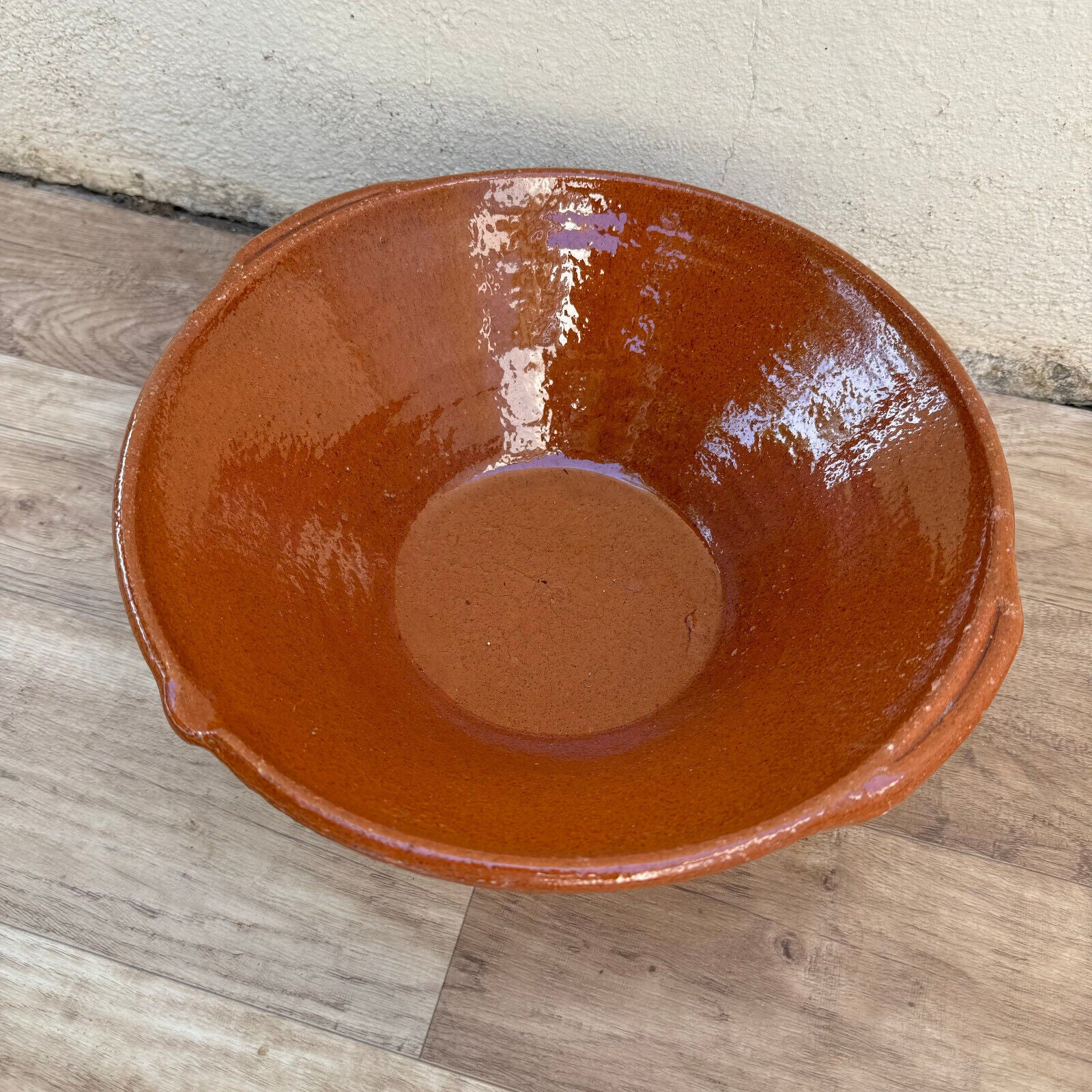 VINTAGE FRENCH GLAZED TERRACOTTA SALAD MIXING BOWL TERRINE TIAN 11 3/4" 2107247 - Fleamarketfrance