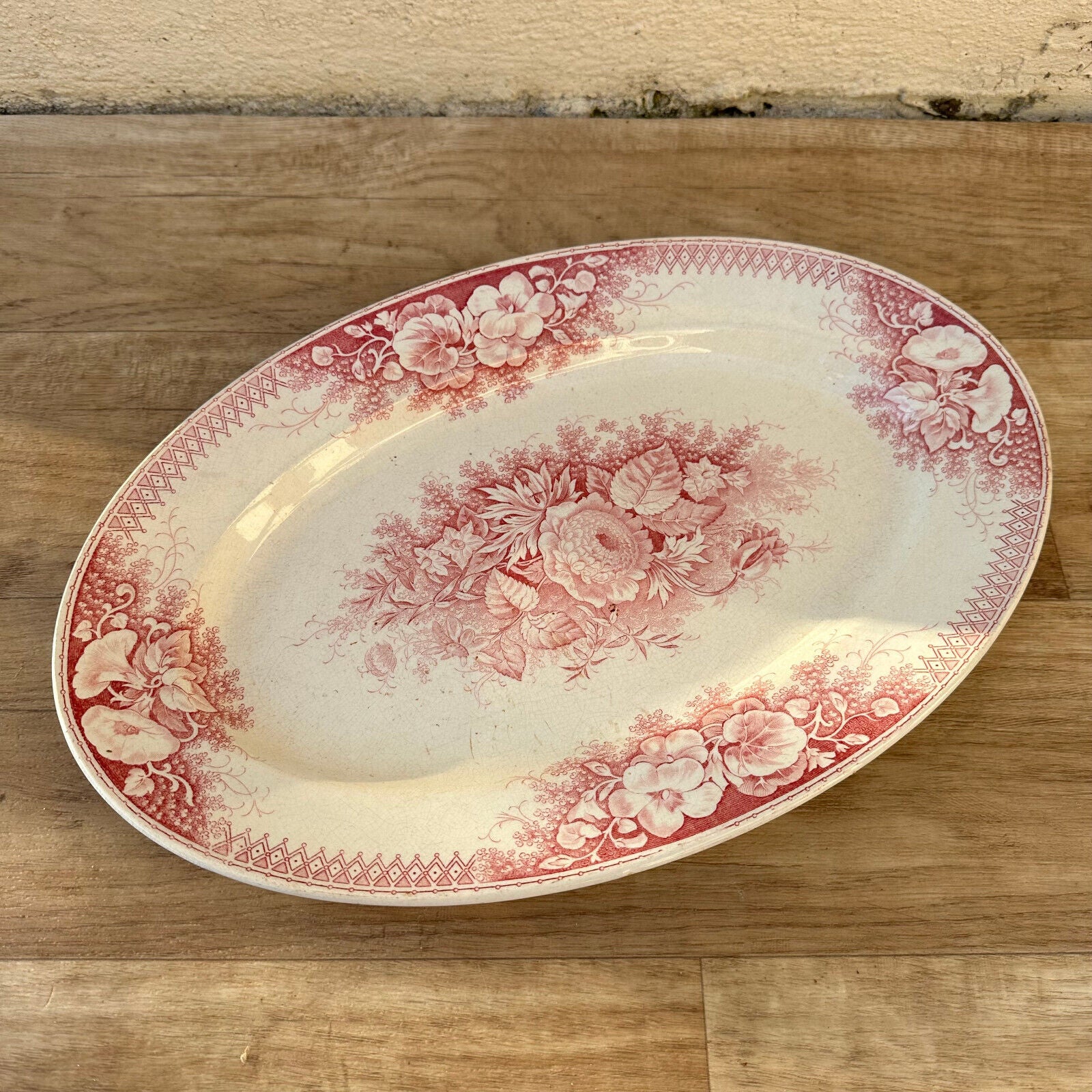 Vintage RARE French  Sarreguemines Jardiniere Roses plate tray pink 1712228 - Fleamarketfrance