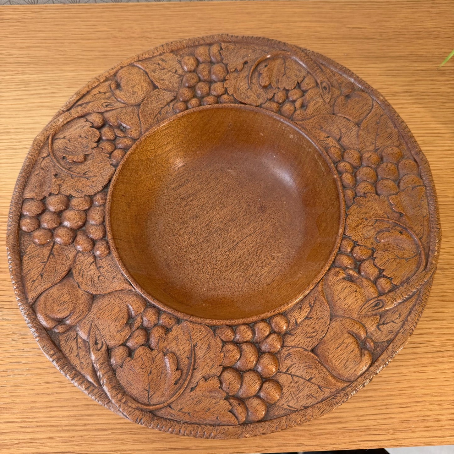 Vintage French Carved Wooden Fruit Bowl Grape Motif 13.6" 1006265 Vermillion Real Walnut