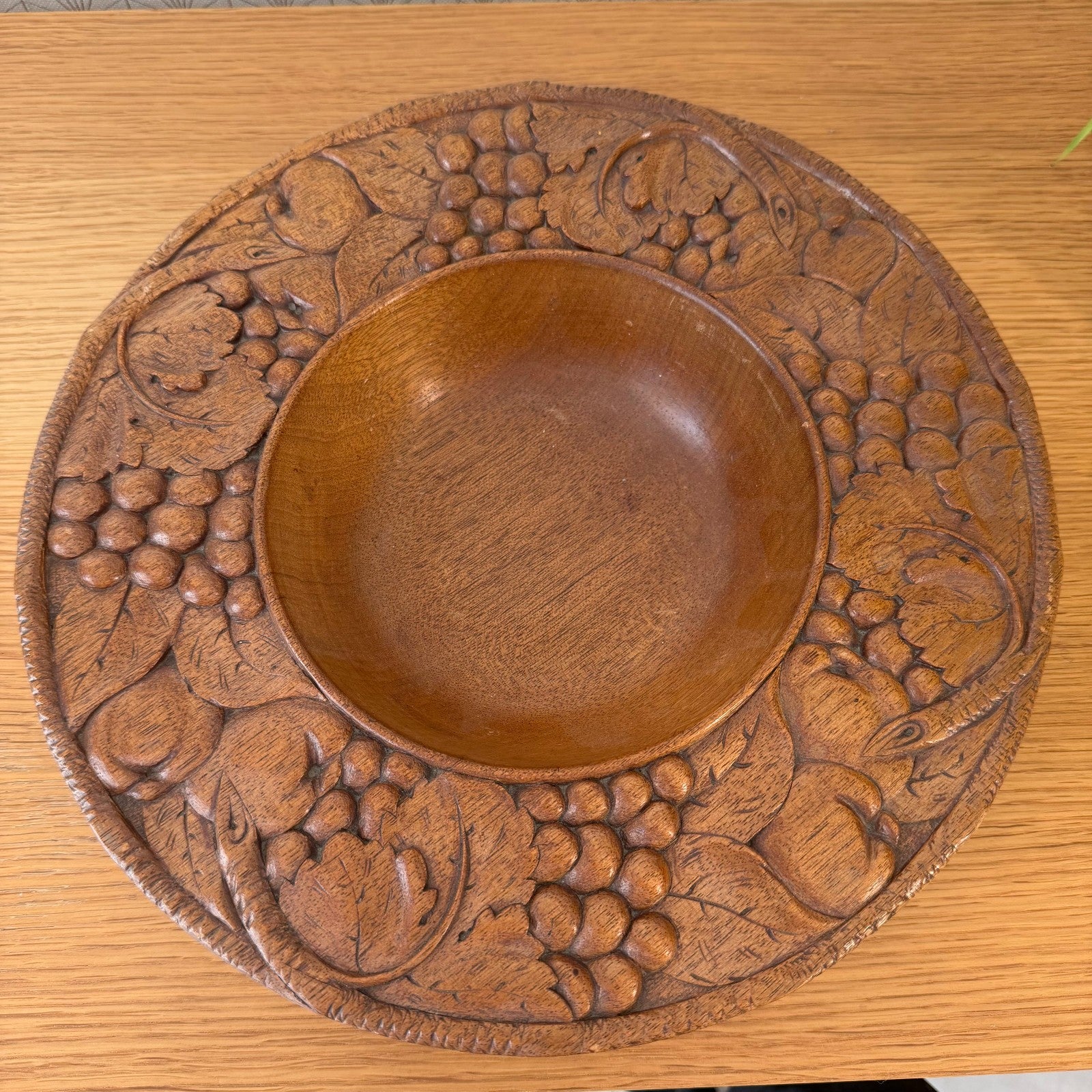 Vintage French Carved Wooden Fruit Bowl Grape Motif 13.6" 1006265 Vermillion Real Walnut