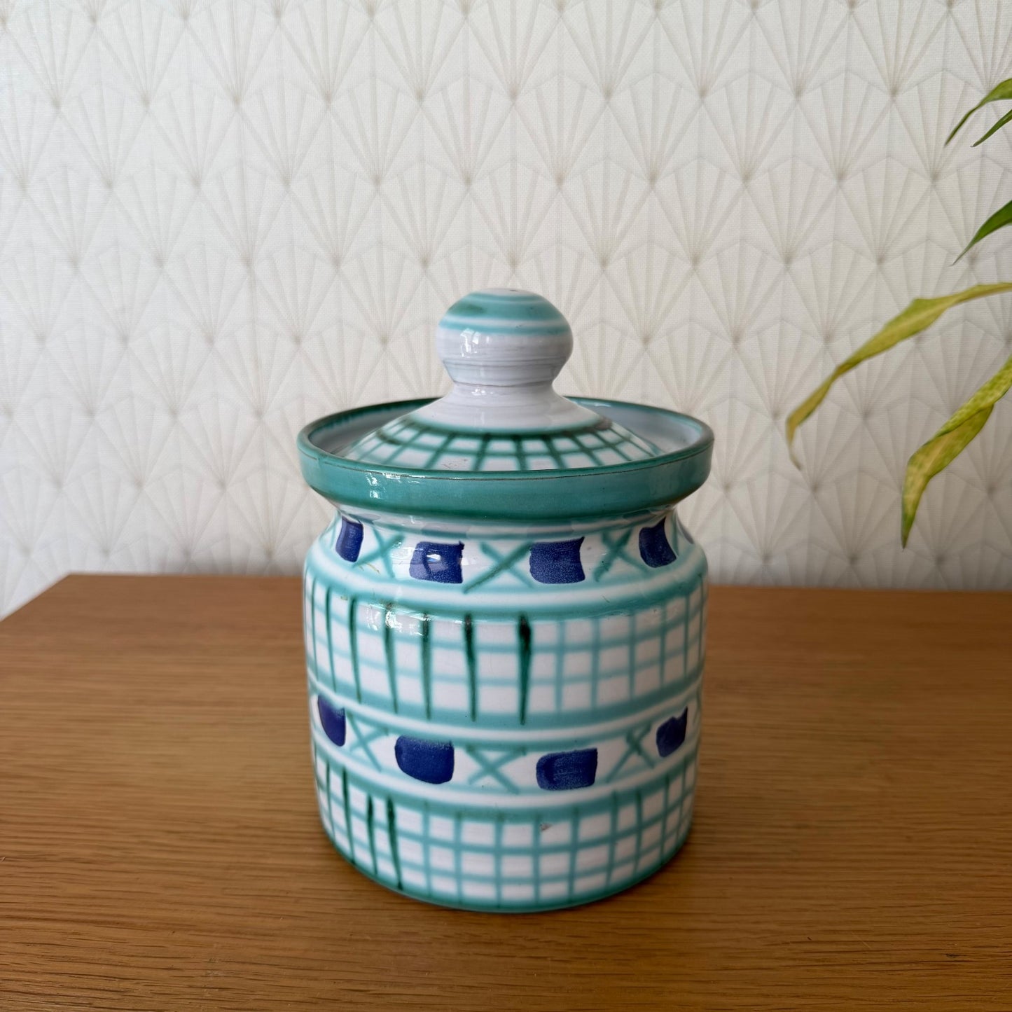 Complete Robert Picault Vallauris pottery vessel with geometric turquoise and navy design