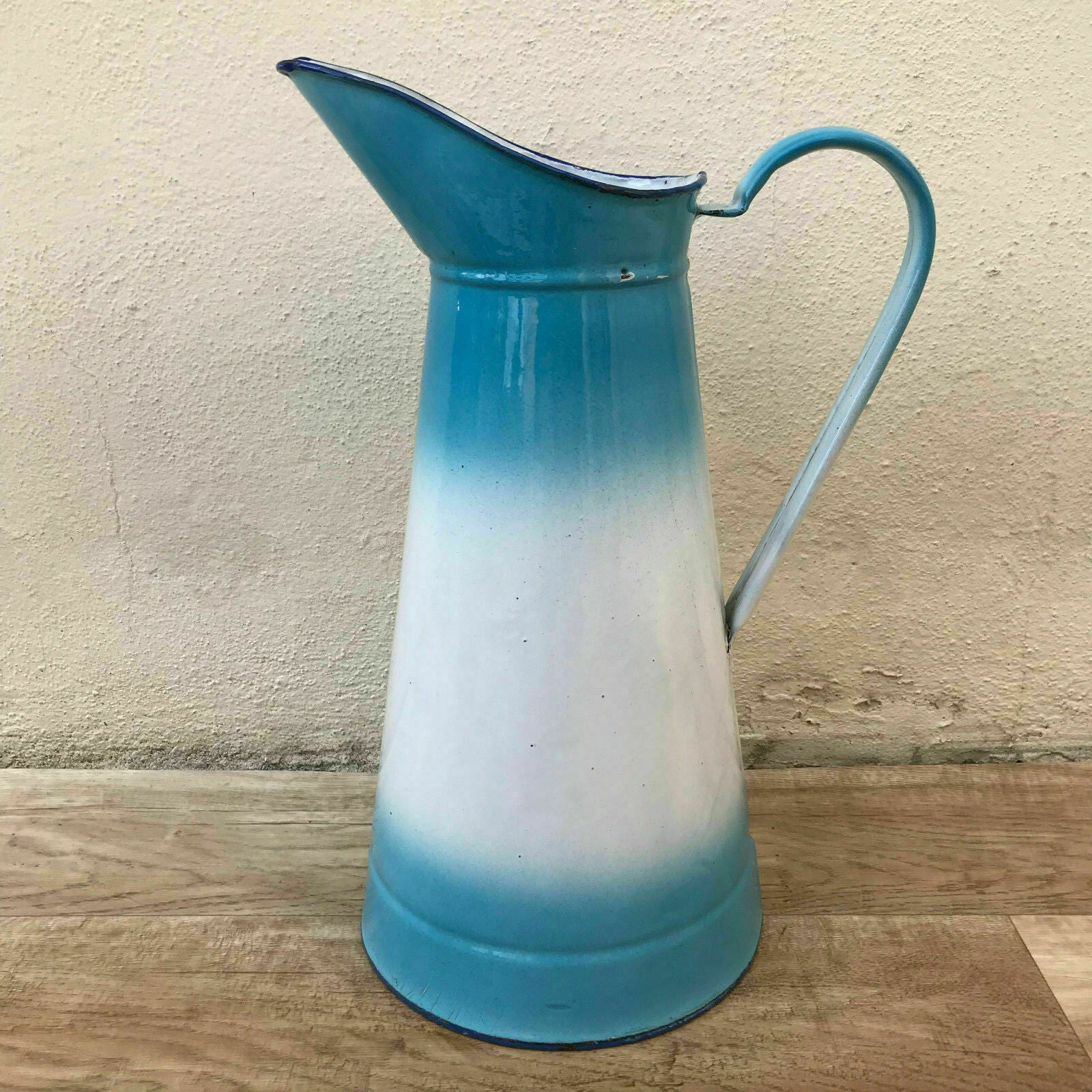 Vintage French Enamel Pitcher Blue White Gradient Water Jug 15" 0802187 Unbranded