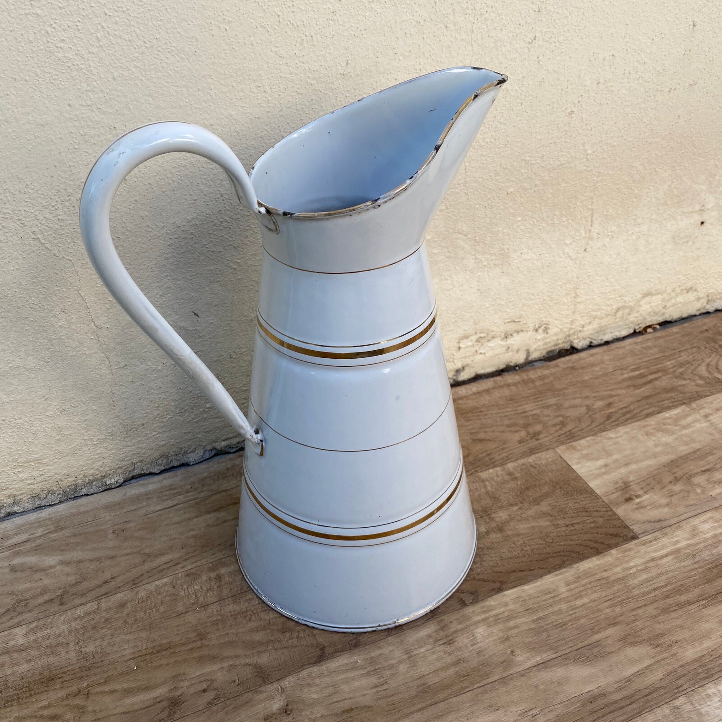 Vintage French Enamel Pitcher Jug Water Enameled White and Gold 2903253