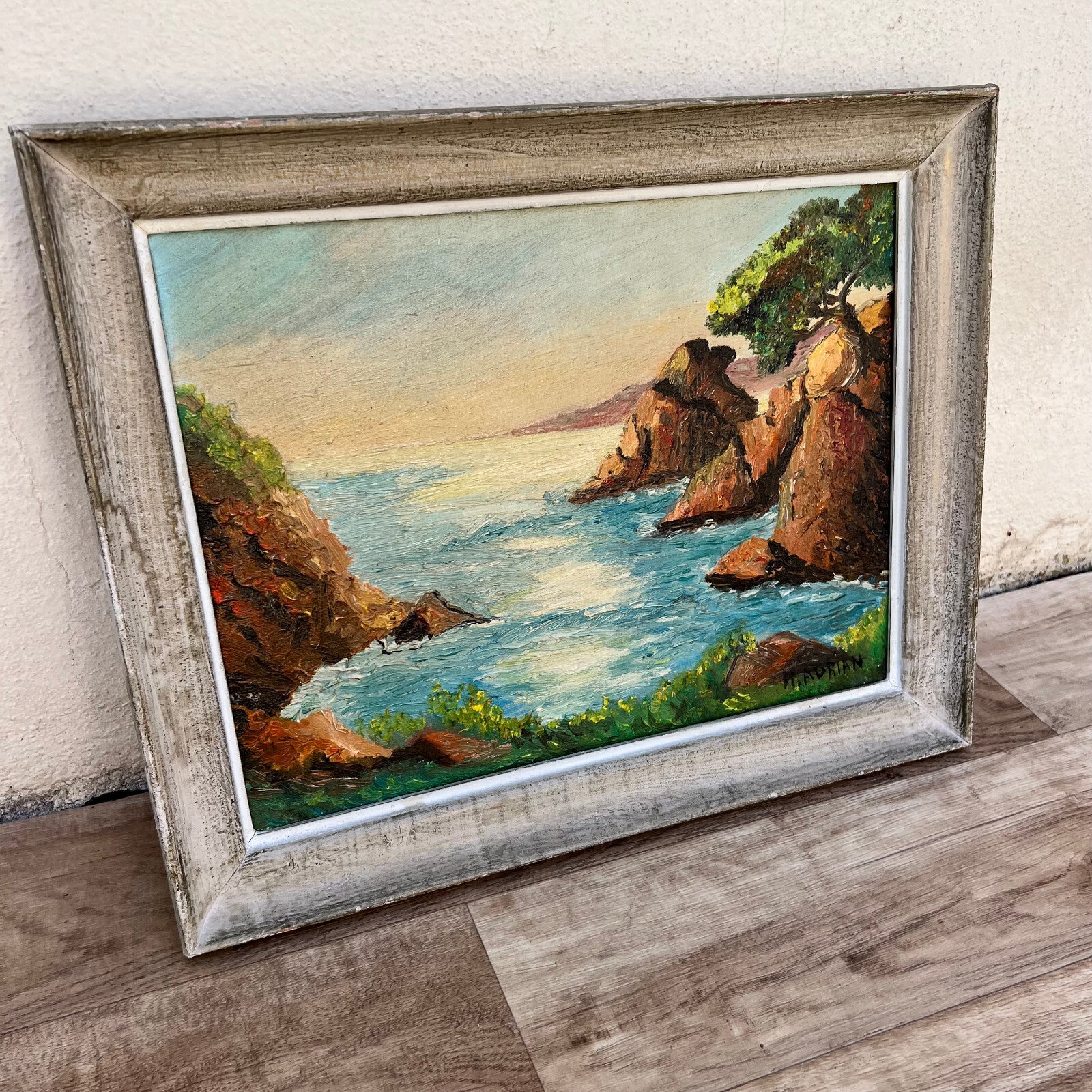 French Coastal Painting Vintage Mediterranean Cliffs Signed Mid Century 0201231 Fleamarketfrance