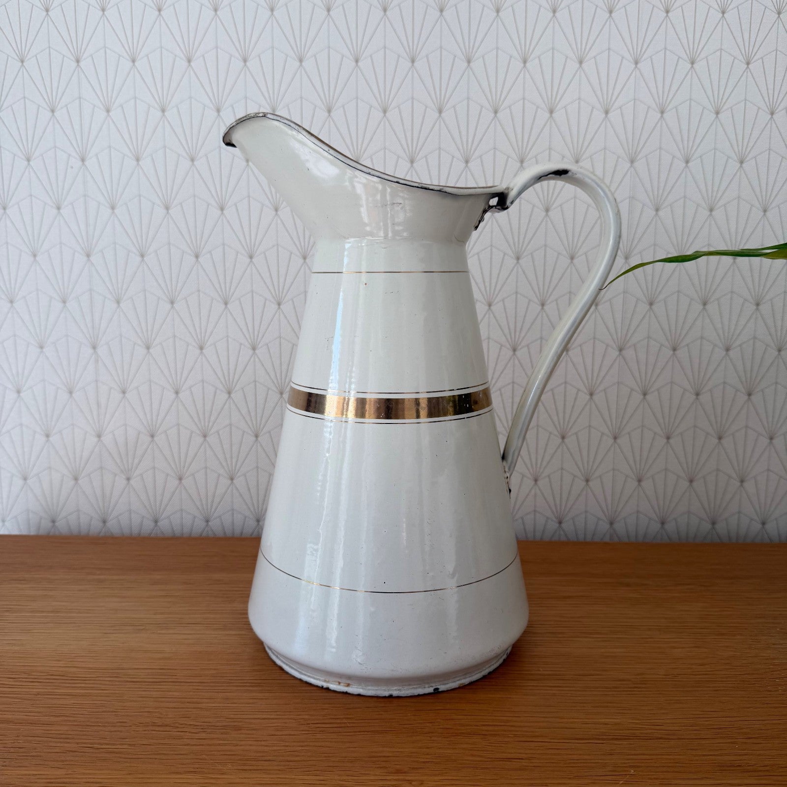 Vintage French Enamel Pitcher White Gold Band Water Jug Antique 1302265 Fleamarketfrance