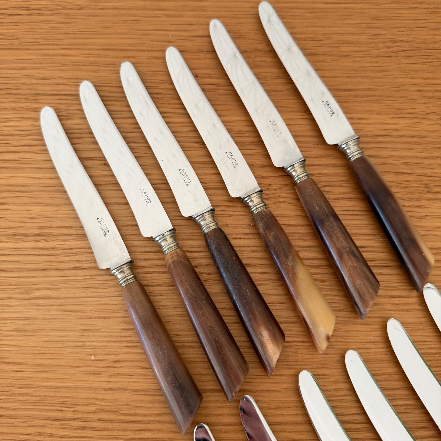 French Horn Handle Dinner Knives Silver Collar Set 12 Vintage 0302266 CAPUT A BIESLES