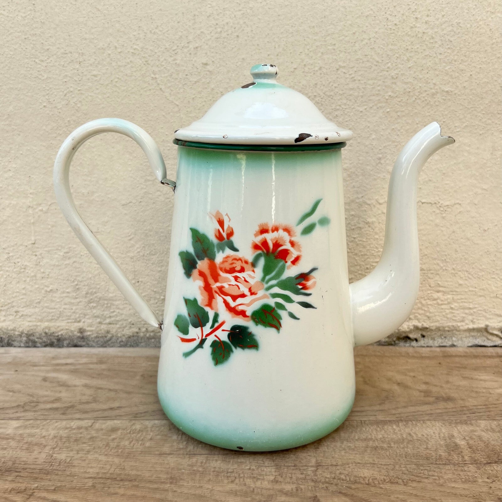 French Enamel Coffee Pot Rose Floral Vintage Green White 26052216 White