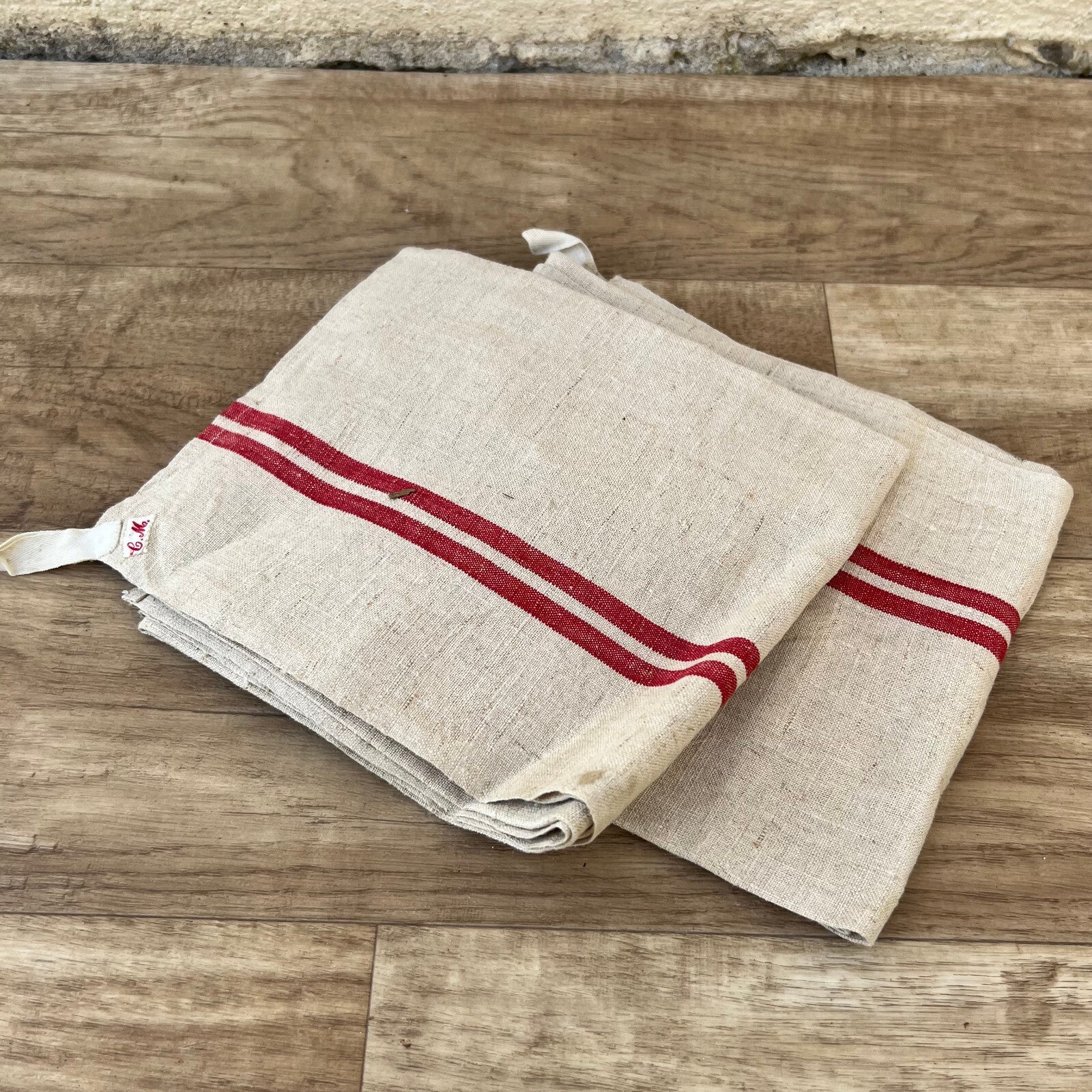 Vintage French Linen Tea Towels Red Stripe Kitchen Set 2pc 12102417 Unbranded